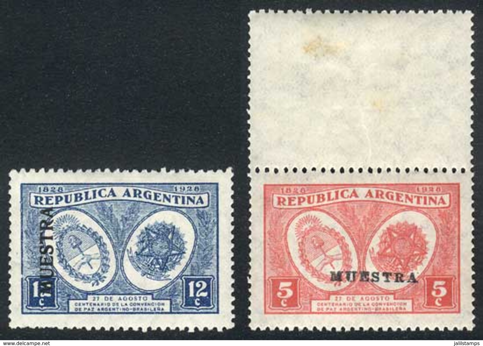 ARGENTINA: GJ.655, 1928 Argentina-Brazil Peace, Set Of 2 Values Overprinted MUESTRA, The 5c. Value Also With LABEL AT TO - Sonstige & Ohne Zuordnung