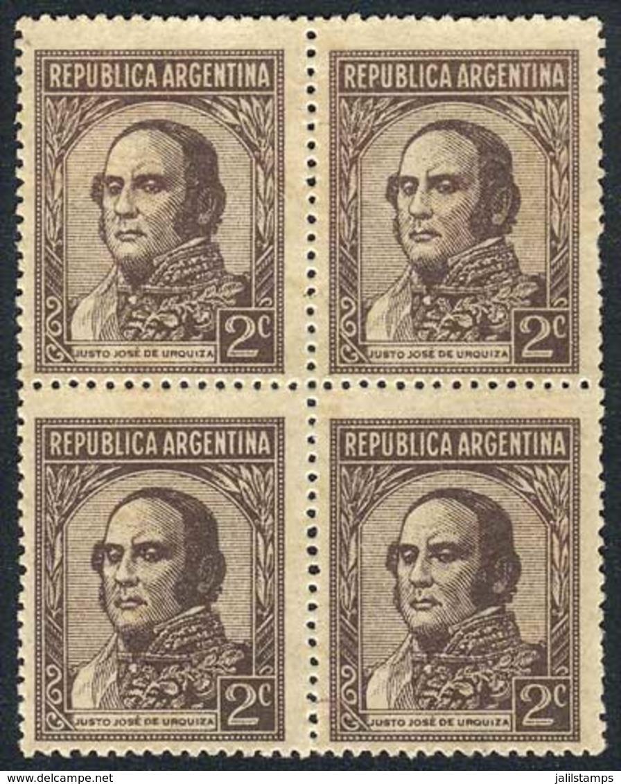 ARGENTINA: GJ.804SG, 1935/52 Urquiza 2c. Unwatermarked, Block Of 4 PRINTED ON GUM Variety, Excellent Quality, Rare! - Otros & Sin Clasificación