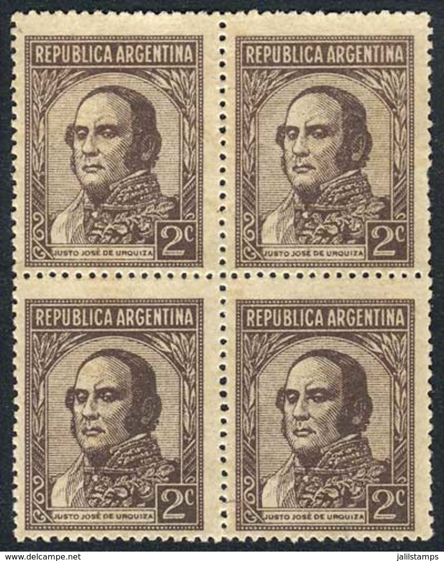 ARGENTINA: GJ.804SG, 1935/52 Urquiza 2c. Unwatermarked, Block Of 4 PRINTED ON GUM Variety, Excellent Quality, Rare! - Sonstige & Ohne Zuordnung