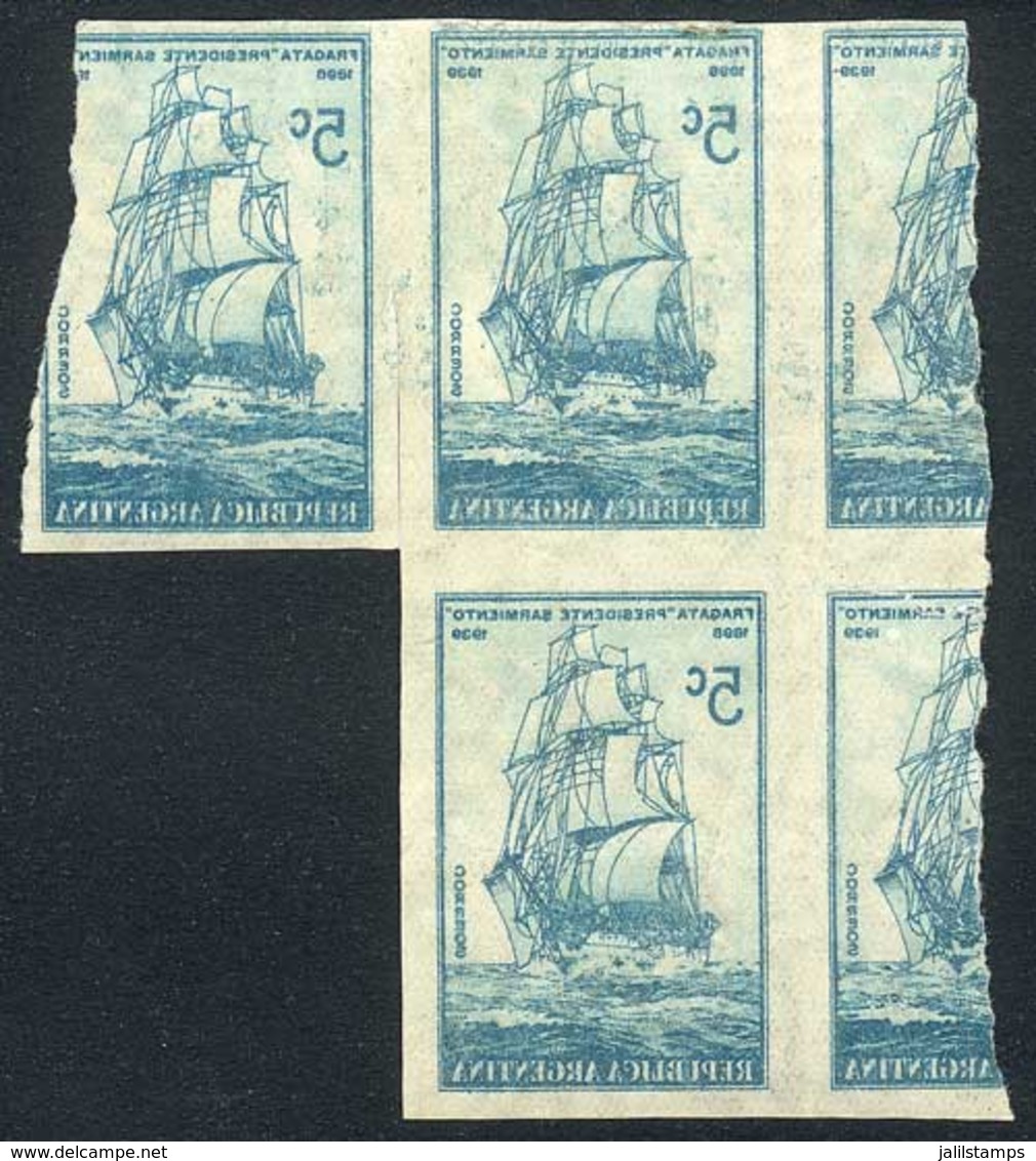 ARGENTINA: GJ.822P, 1939 Frigate Presidente Sarmiento, Irregular Block Of 3 IMPERFORATE Stamps Printed In Negative On Gu - Altri & Non Classificati