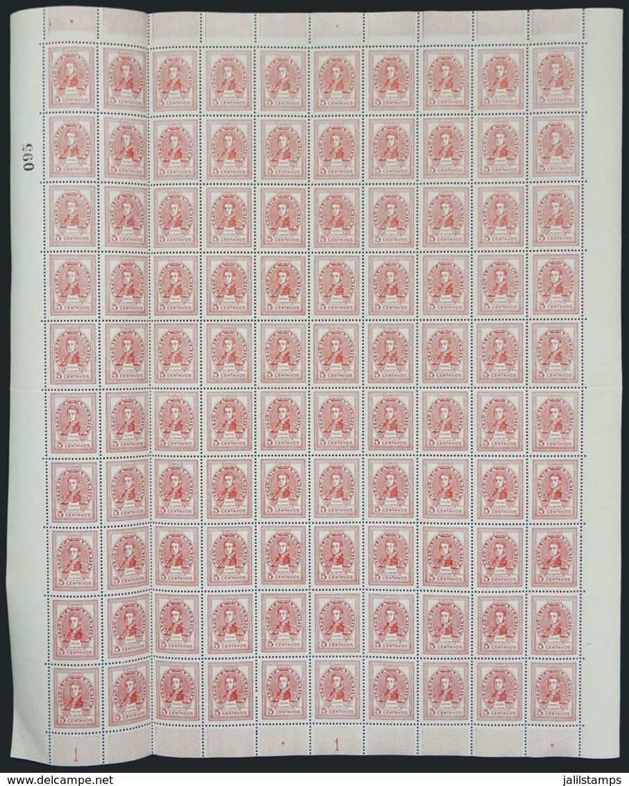 ARGENTINA: GJ.887A, 5c. San Martín Printed On GLAZED PAPER, Complete Sheet Of 100 Stamps, MNH But With Light Staining On - Sonstige & Ohne Zuordnung