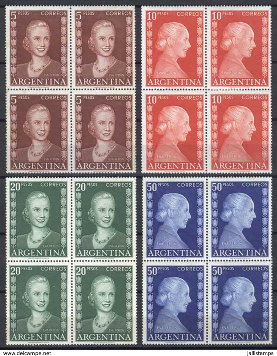 ARGENTINA: GJ.1003/22, 1952 Eva Perón, Complete Set Of 20 Values In Mint BLOCKS OF 4, With Stained Gum (washing Will Rem - Sonstige & Ohne Zuordnung