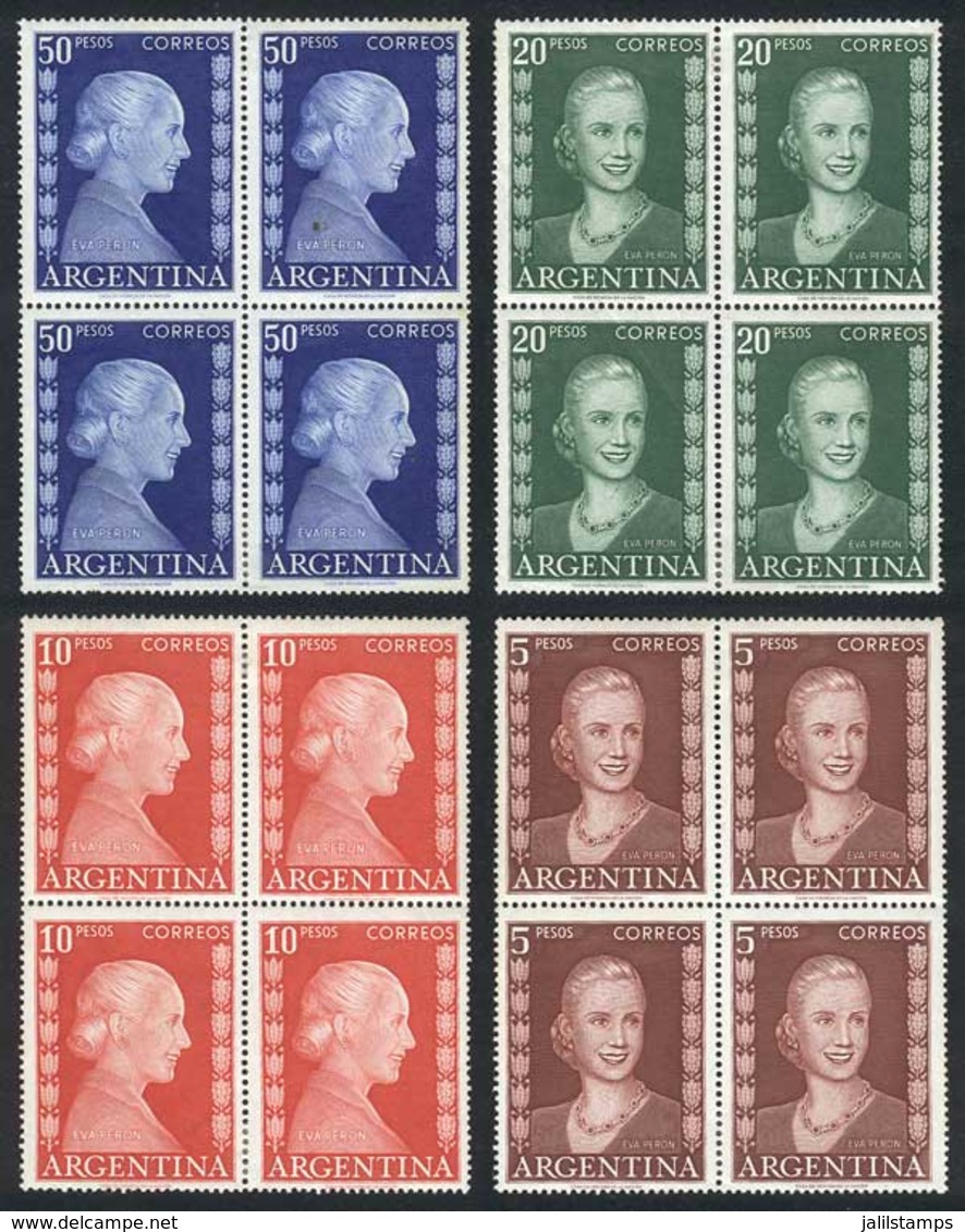 ARGENTINA: GJ.1019/22, 1952 Eva Perón 5P. To 50P., Blocks Of 4 Of The High Values Of The Set, Mint, But With Defects On  - Altri & Non Classificati