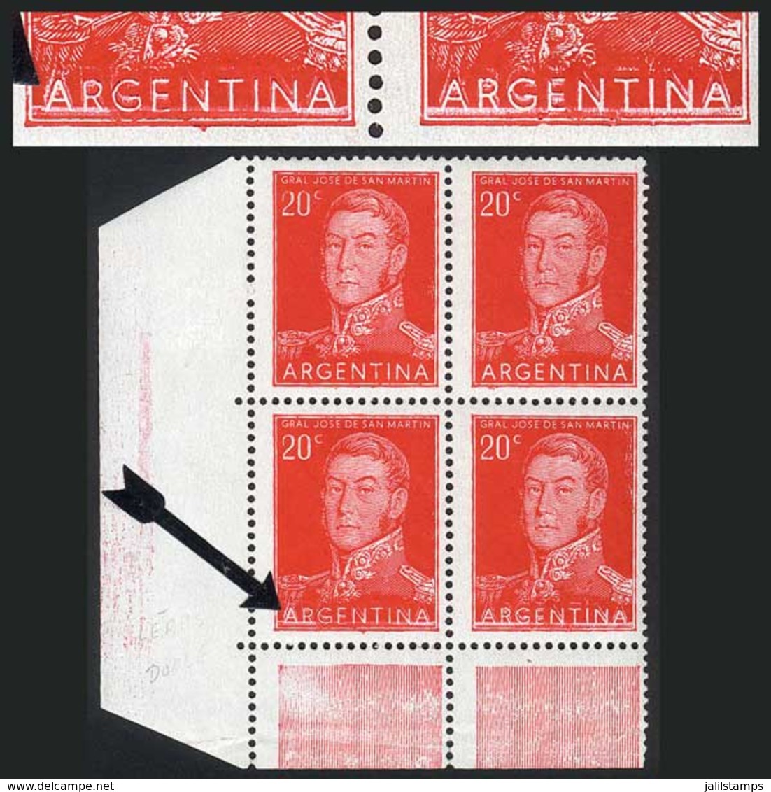 ARGENTINA: GJ.1034, Corner Block Of 4 With Extremely Rare PARTIAL DOUBLE IMPRESSION In "ARGENTINA" In The Bottom Stamps, - Altri & Non Classificati