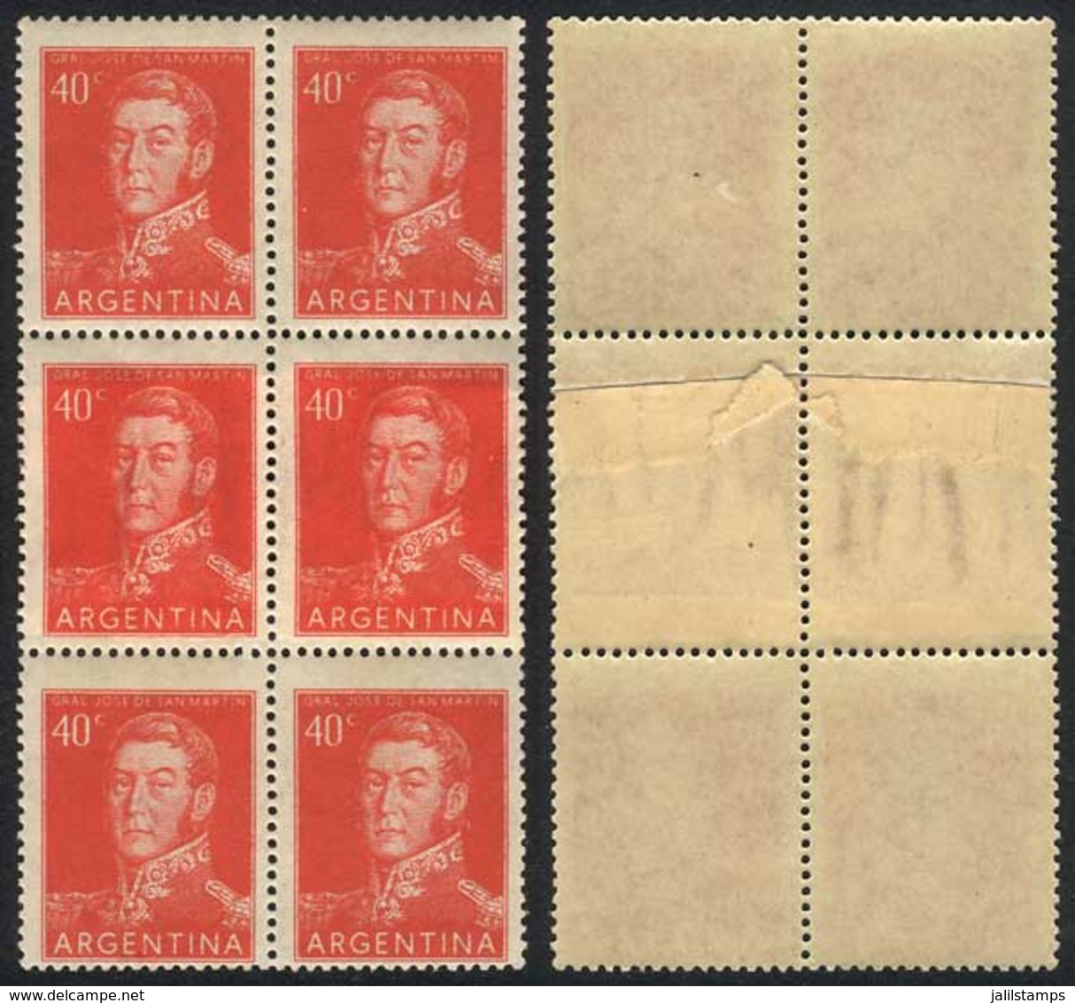 ARGENTINA: GJ.1041, 1954/7 40c. San Martín, Block Of 6 With PAPER OVERLAP Variety, VF! - Otros & Sin Clasificación