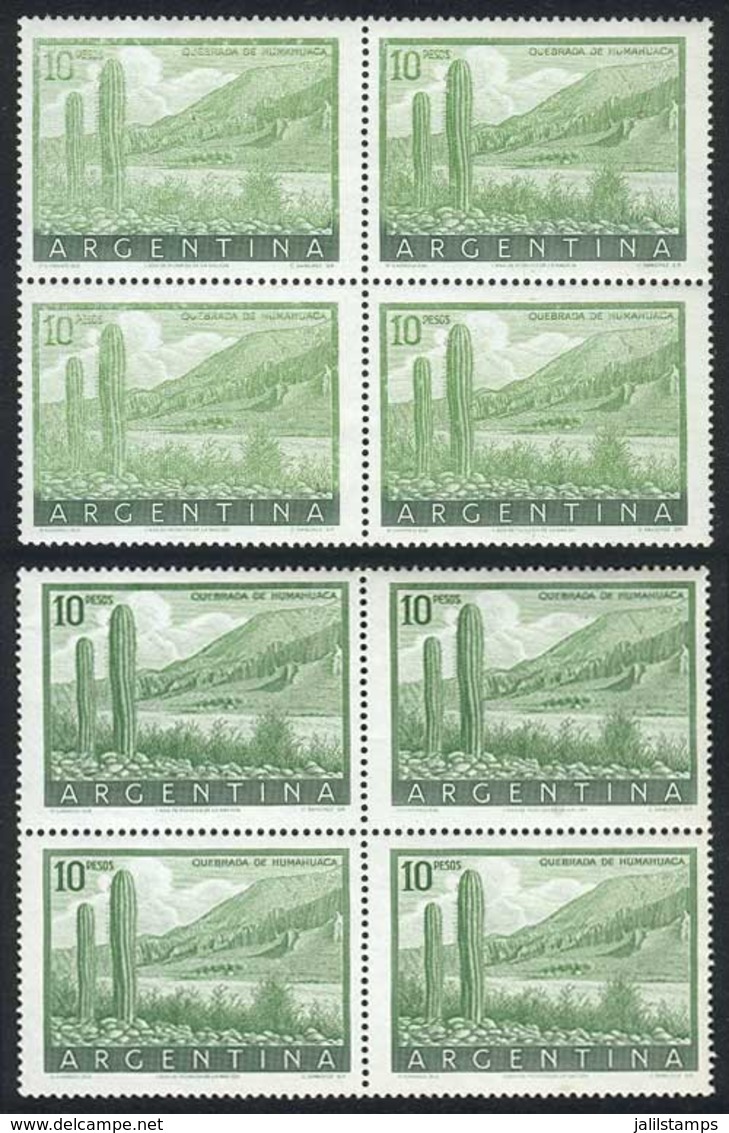 ARGENTINA: GJ.1054, 1951/7 $10 Quebrada De Humahuaca, Cactus, 2 Blocks Of 4 In DIFFERENT SHADES, VF Quality, Catalog Val - Sonstige & Ohne Zuordnung