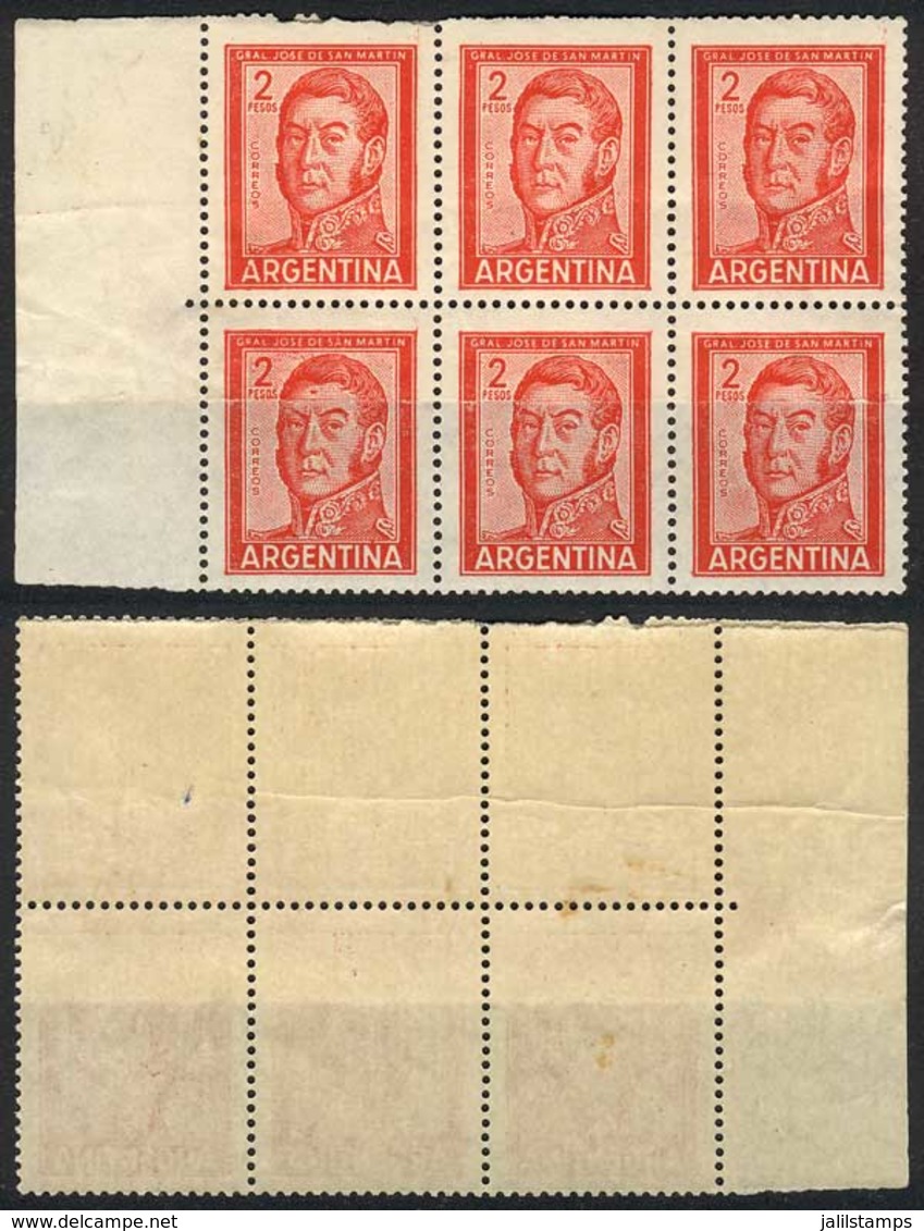 ARGENTINA: GJ.1132, 1959/64 2P. San Martín, Block Of 6 With PAPER OVERLAP Variety, VF! - Sonstige & Ohne Zuordnung