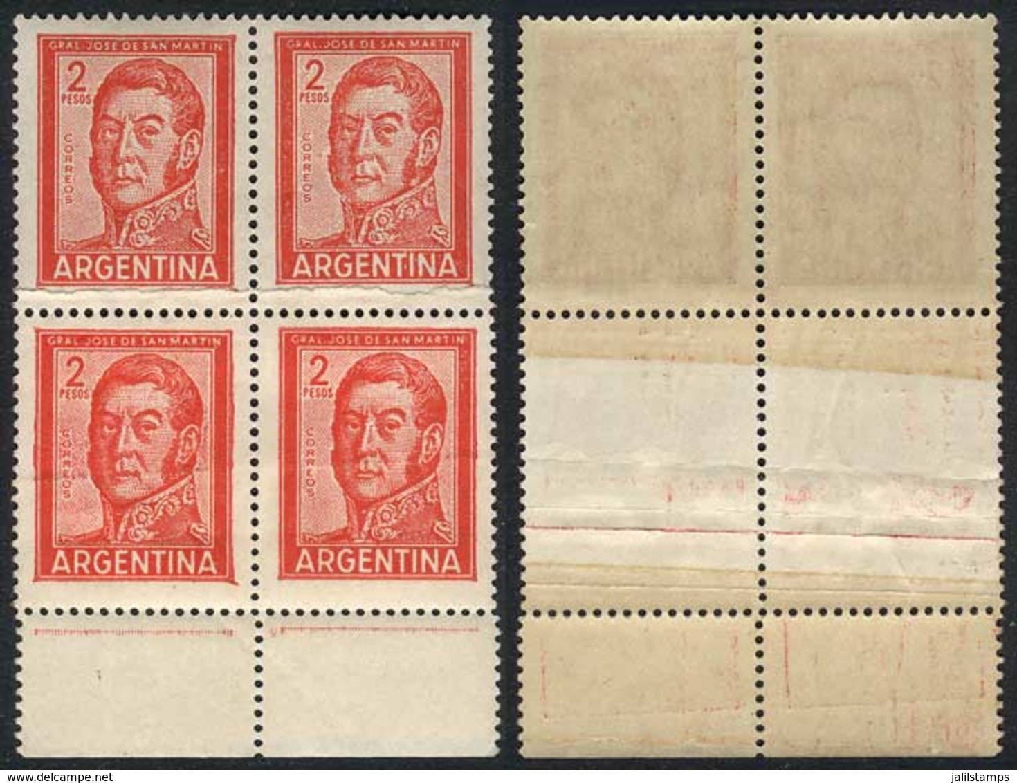 ARGENTINA: GJ.1132, 1959 2P. San Martín, Block Of 4 With PAPER OVERLAP Variety, VF! - Sonstige & Ohne Zuordnung