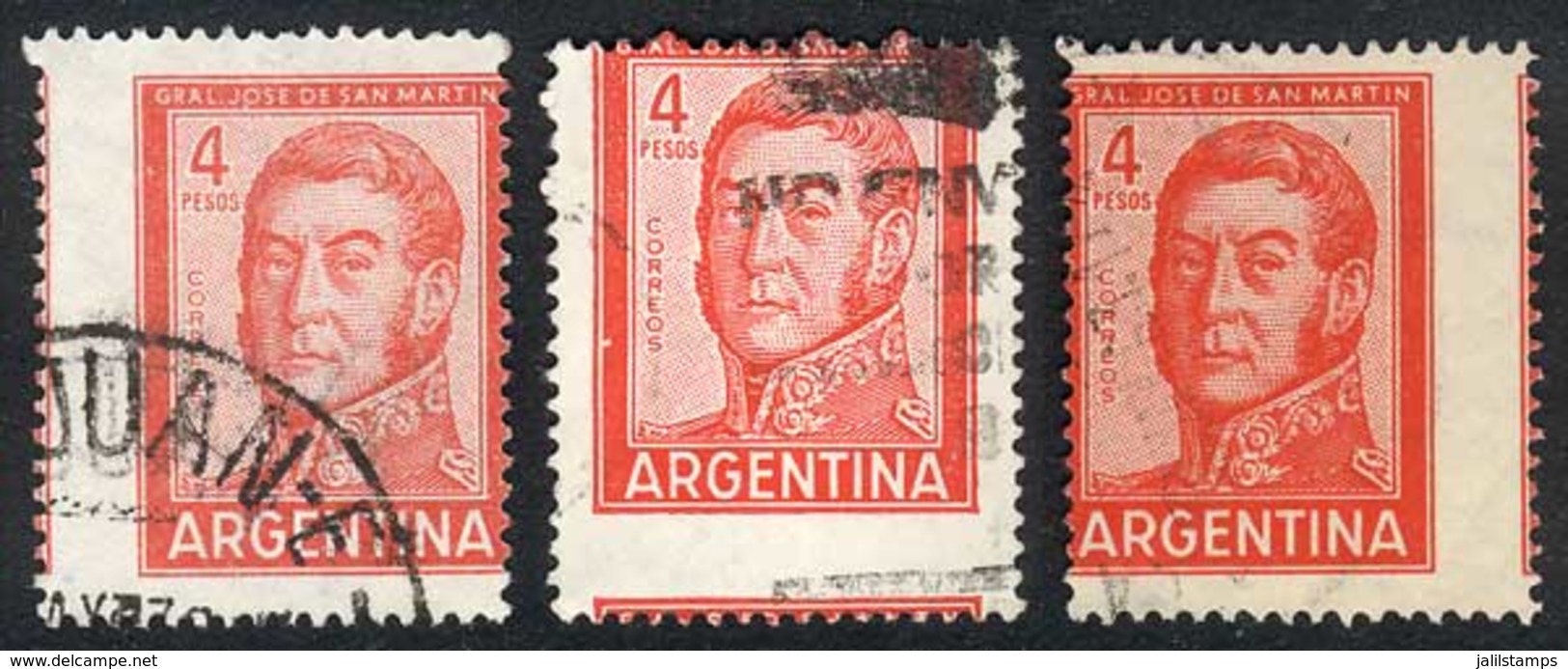 ARGENTINA: GJ.1138/9, 1959/64 4P. San Martín, 3 Examples With Shifted Perforation Variety, VF! - Sonstige & Ohne Zuordnung