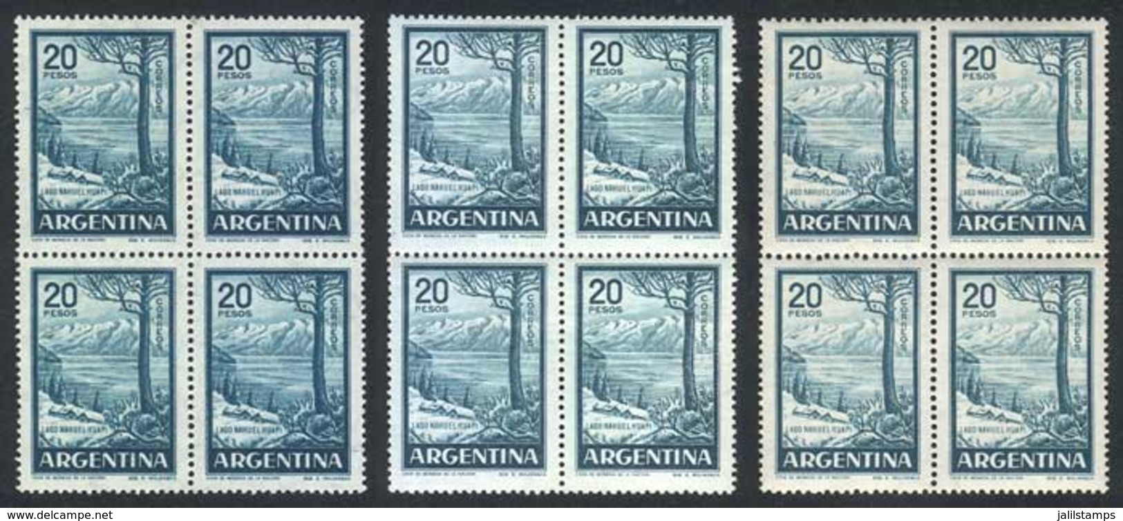 ARGENTINA: GJ.1145 + 1145A + 1145B, 1959/64 20P. Nahuel Huapi Lake, 3 Blocks Of 4 Printed On Imported Unsurfaced, Nation - Altri & Non Classificati