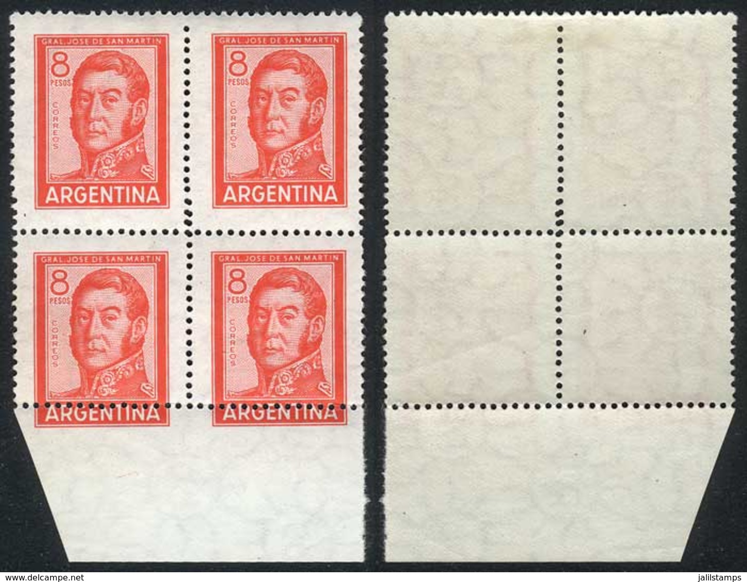 ARGENTINA: GJ.1306A, 1965/8 8P. San Martín, Block Of 4 Printed On Imported Unsurfaced Paper, With Variety: Bottom Perfor - Sonstige & Ohne Zuordnung