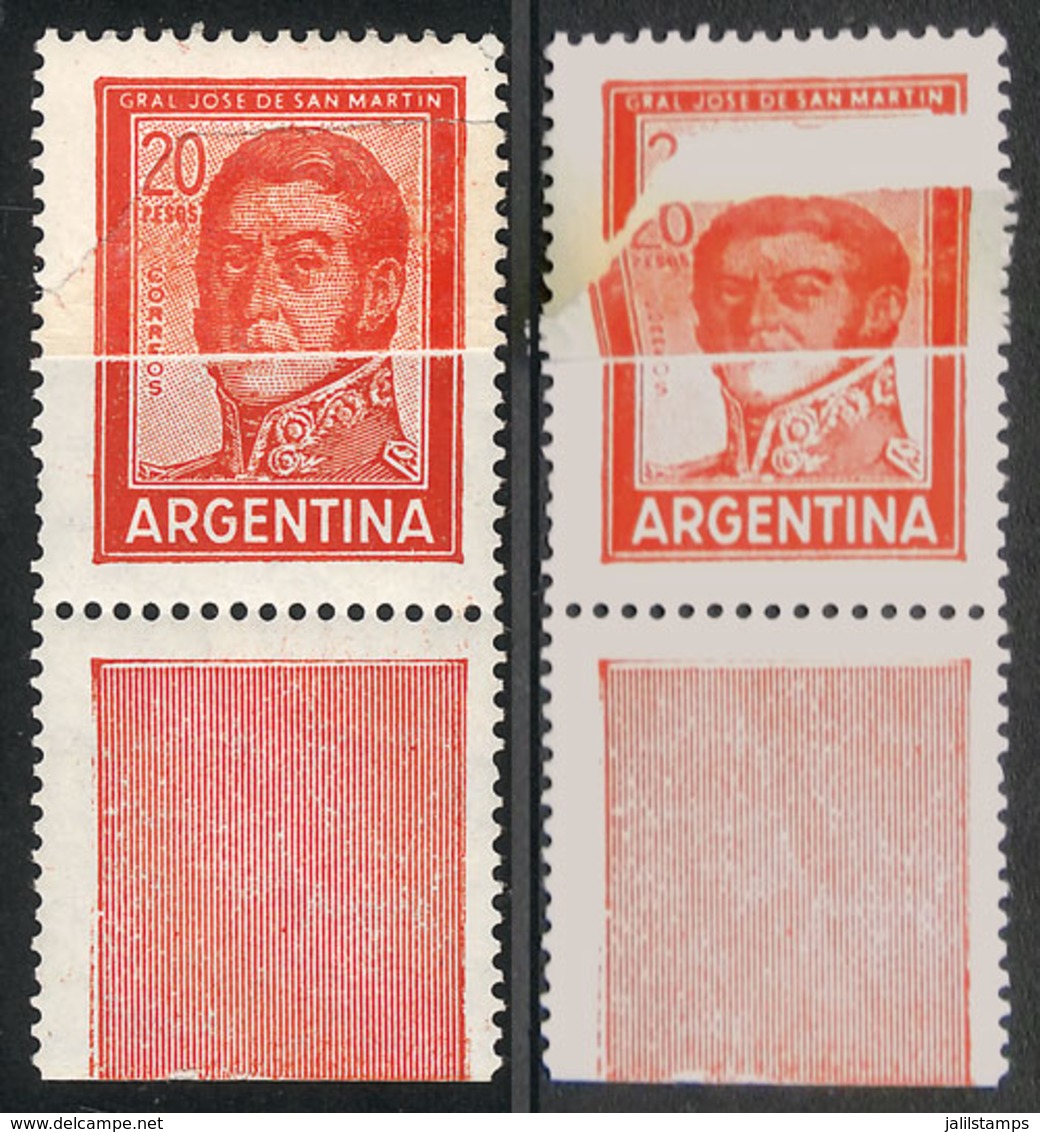 ARGENTINA: GJ.1310, 20P. San Martín With END-OF-ROLL JOINT PAPER Variety, The Paper Is Overlapping In Such A Way That Du - Otros & Sin Clasificación