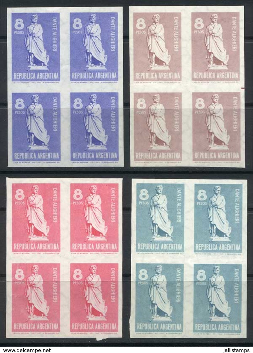 ARGENTINA: GJ.1335, 1965 Dante Alighieri, TRIAL COLOR PROOFS: 4 Different Imperforate Blocks Of 4, Excellent Quality, Ra - Otros & Sin Clasificación