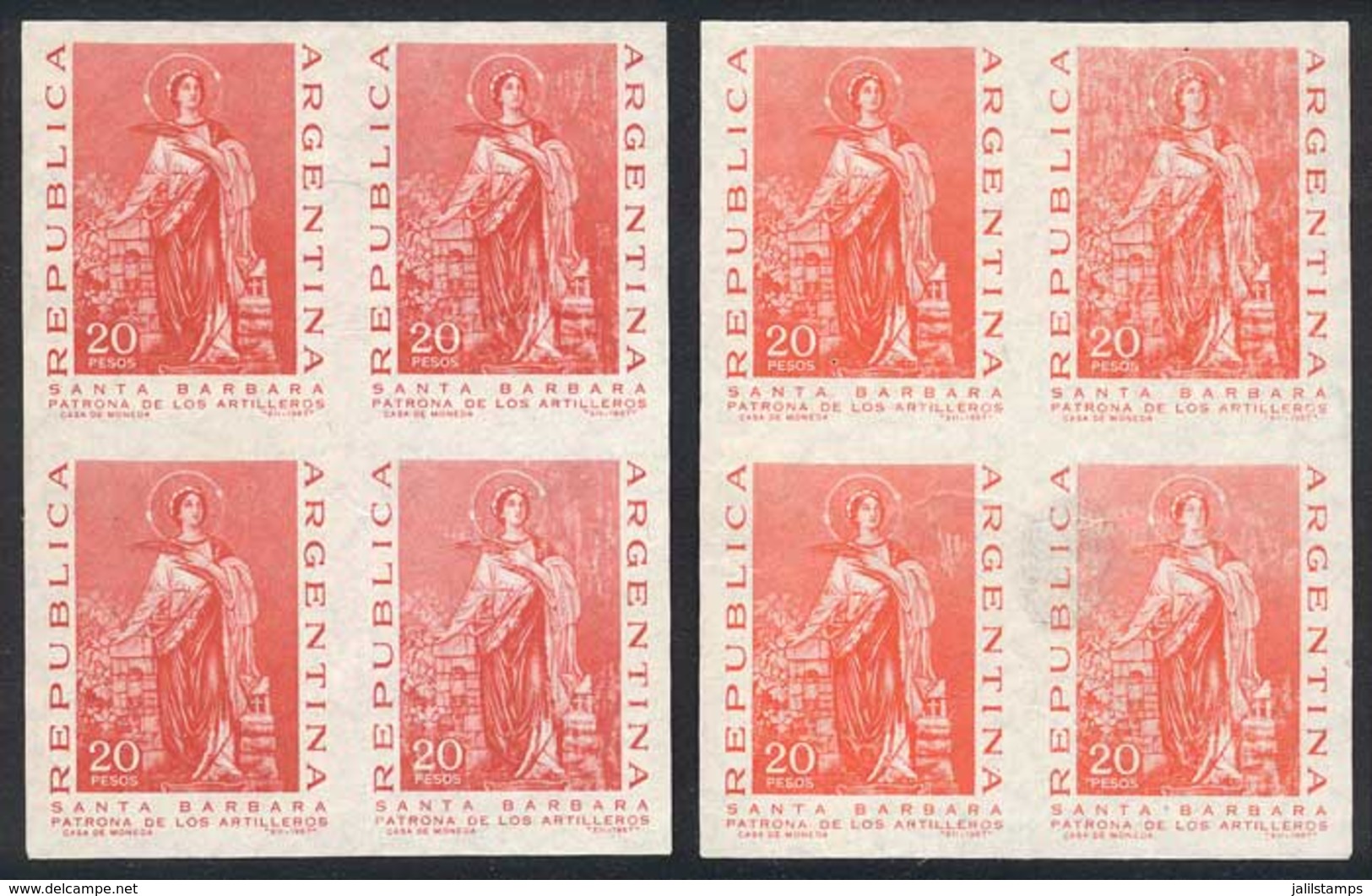 ARGENTINA: GJ.1426, 1967 Santa Bárbara, Trial Color Proofs, 2 IMPERFORATE BLOCKS OF 4, VF! - Altri & Non Classificati