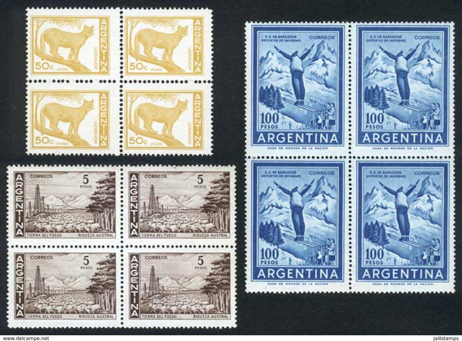 ARGENTINA: GJ.1471/3, 1969 Puma, Petroleum And Ski, Set Of 3 Values, Blocks Of 4 With Casa De Moneda Watermark, VF Quali - Otros & Sin Clasificación