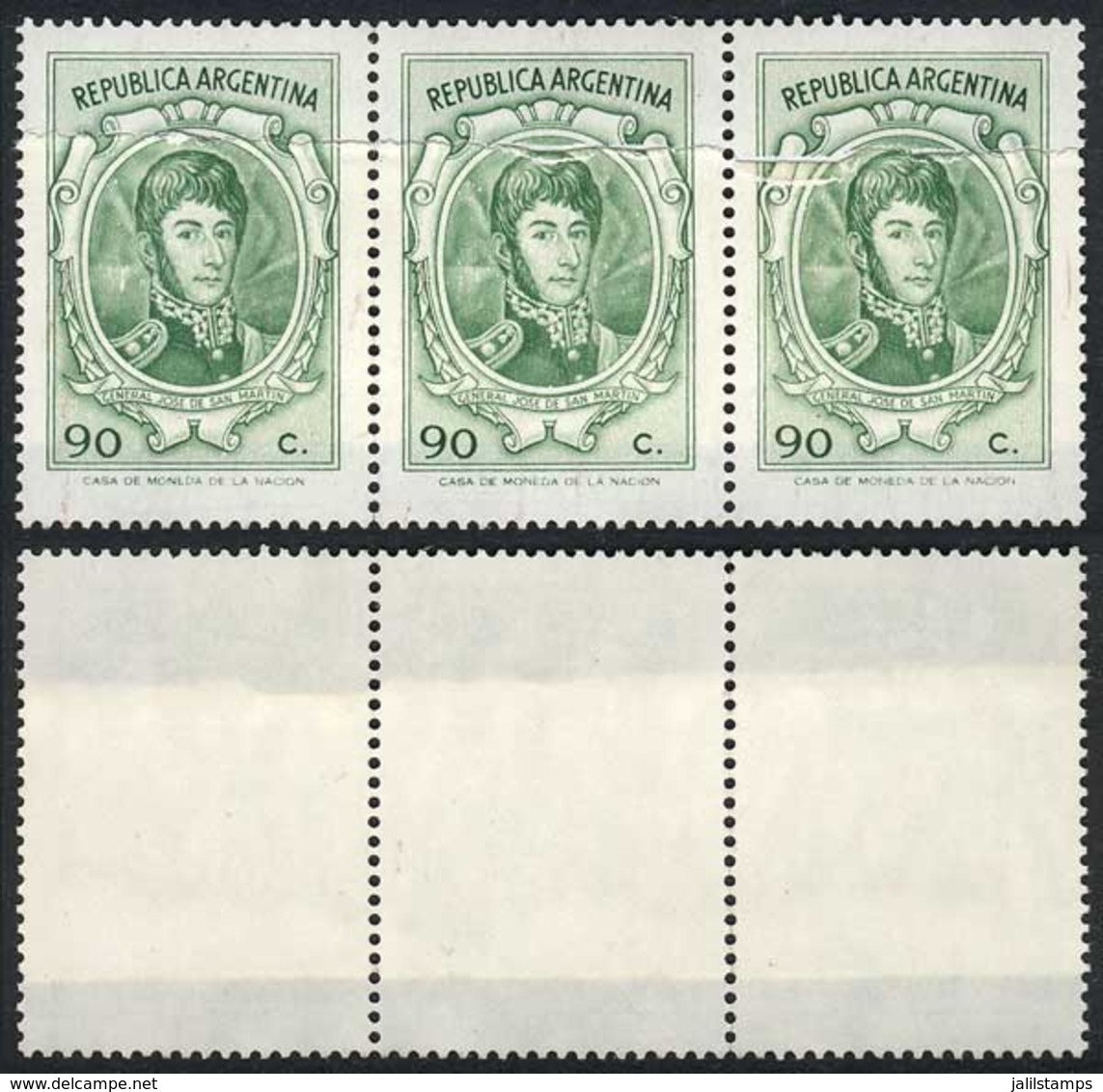 ARGENTINA: GJ.1534, 1970/3 90c. San Martín, Strip Of 3 With PAPER OVERLAP Variety, VF! - Sonstige & Ohne Zuordnung