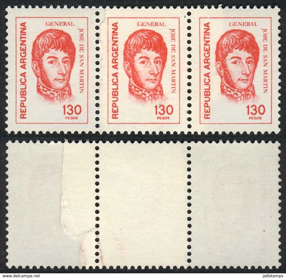 ARGENTINA: GJ.1760, 1977/8 130P. San Martín, Strip Of 3 With PAPER OVERLAP Variety, VF! - Sonstige & Ohne Zuordnung