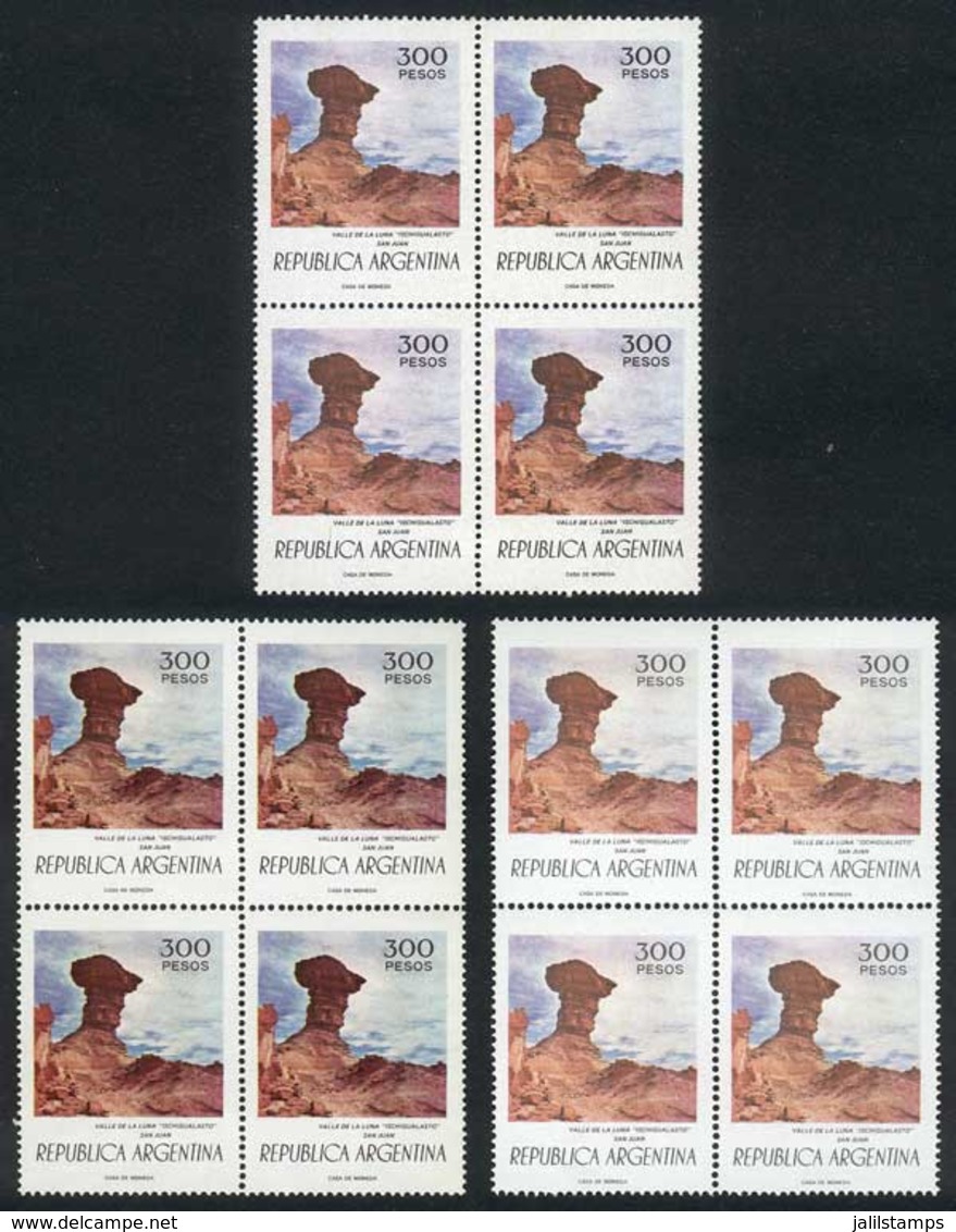 ARGENTINA: GJ.1761 + 1761A + 1765, 1977/8 300P. Valle De La Luna, Blocks Of 4 Printed On Phosphorescent And Fluorescent  - Altri & Non Classificati