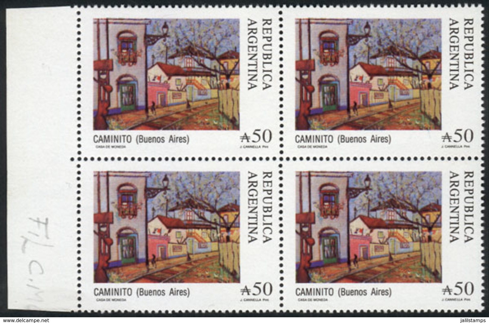 ARGENTINA: GJ.2392A, 1989 "Caminito" Painting, Block Of 4 With Casa De Moneda Wmk, MNH, Excellent Quality, Catalog Value - Andere & Zonder Classificatie