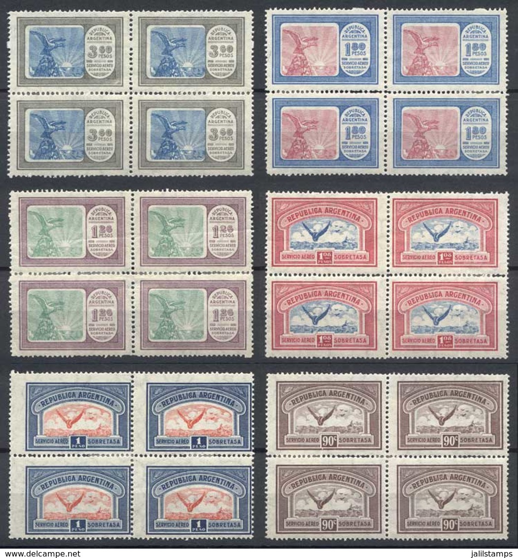 ARGENTINA: GJ.636/54, 1928 First Airmail Stamps Set, Birds, Complete Set Of 19 Values In Mint BLOCKS OF 4. Some With Lit - Aéreo