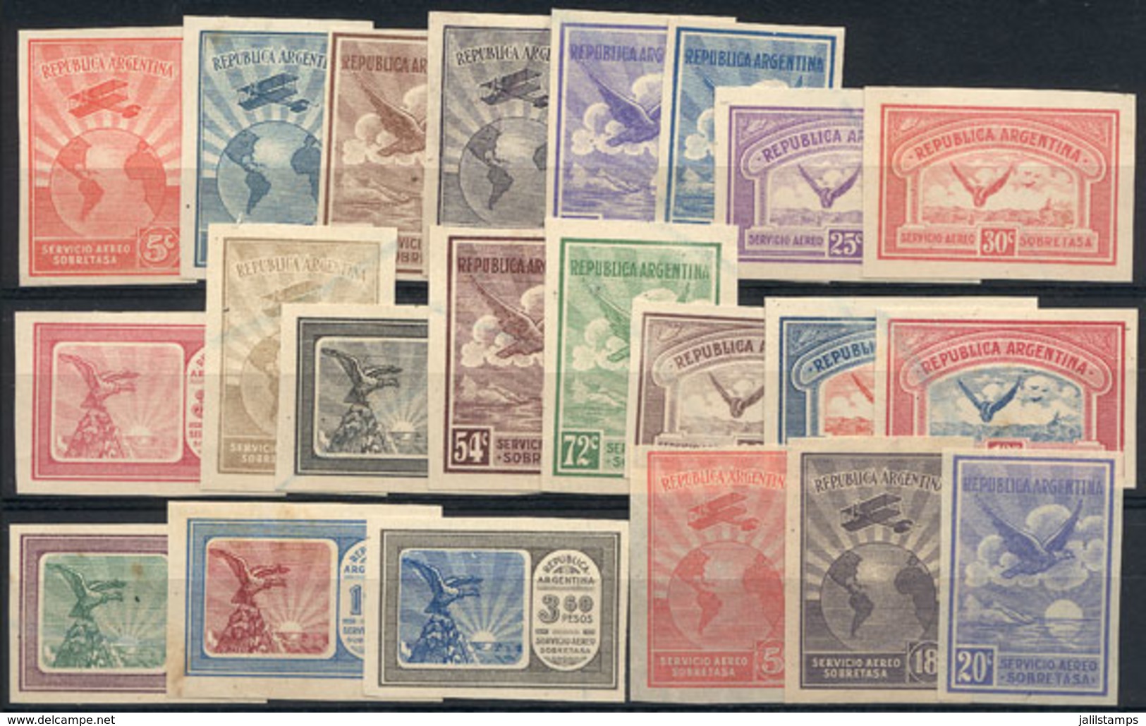 ARGENTINA: GJ.636/654, 1928 First Airmail Set (19 Values), PROOFS Printed In The Original Colors On Glazed Card, Also In - Posta Aerea