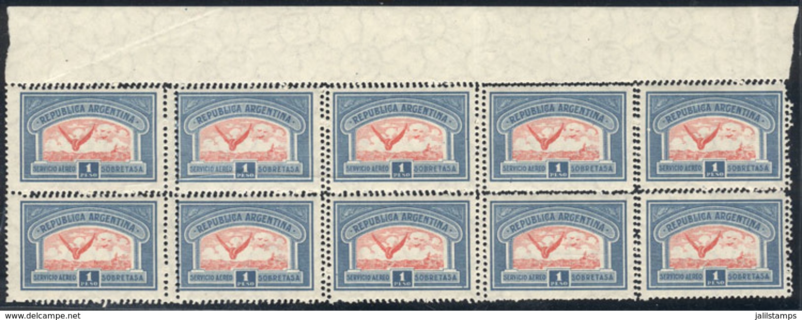 ARGENTINA: GJ.650, 1928 1P., Block Of 10 With Complete DOUBLE PERFORATION Var., Very Notable And Spectacular, Excellent  - Posta Aerea