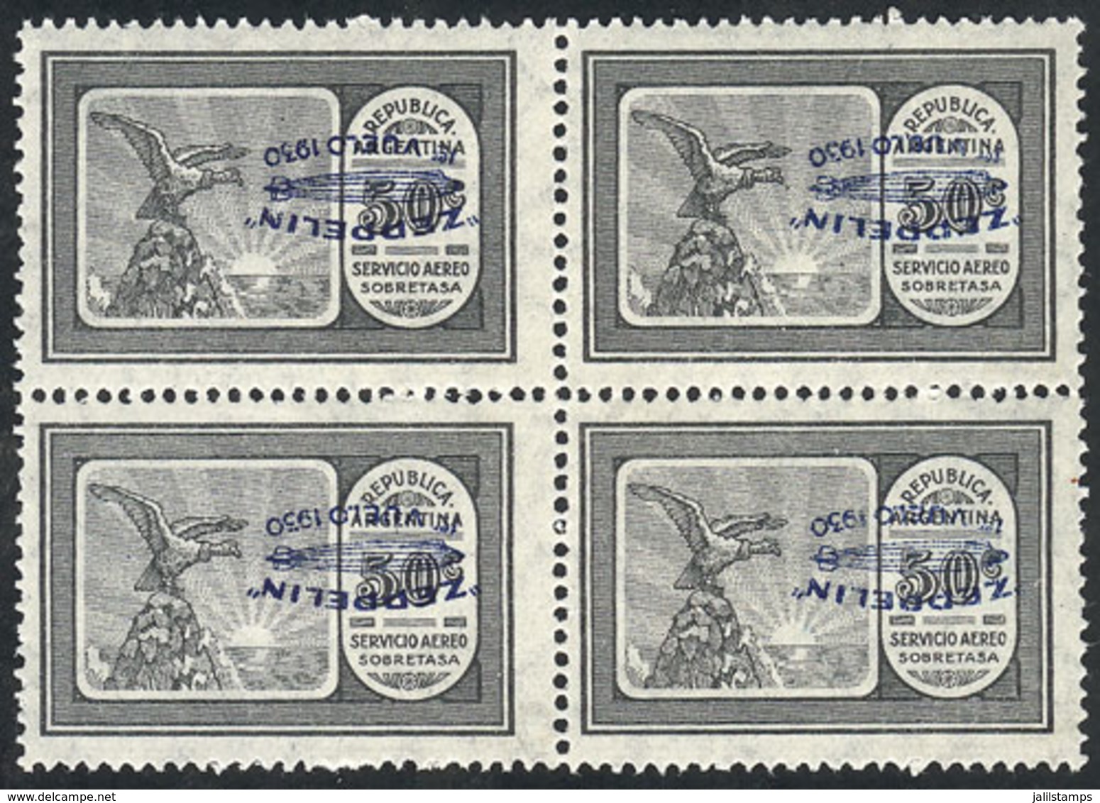 ARGENTINA: GJ.661a, 1930 Zeppelin 50c. With Blue INVERTED Overprint, Beautiful MNH Block Of 4, VF Quality, Very Rare. Ca - Luftpost