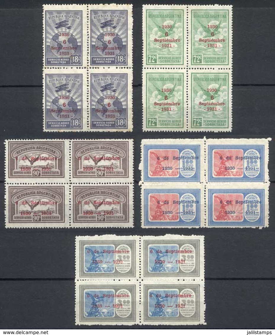 ARGENTINA: GJ.715/719, 1931 First Anniversary Of The Revolution, Set Of 5 Values In BLOCKS OF 4, VF Quality (low Value W - Aéreo