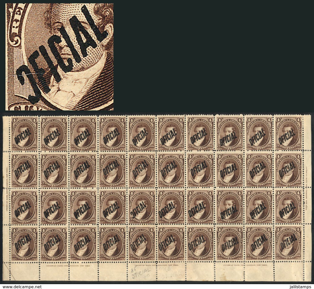 ARGENTINA: GJ.15 + 15b, 1884 Moreno 4c., Fantastic Block Of 40 Stamps (lower Part Of The Sheet) That Includes The Variet - Dienstmarken