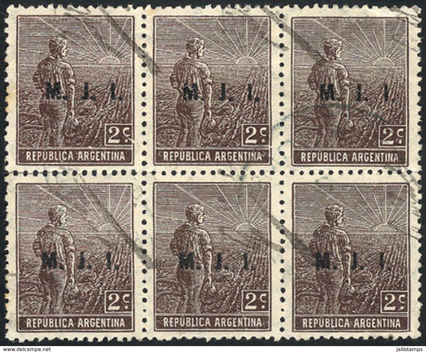 ARGENTINA: GJ.361, 1915 2c. Plowman, Italian Paper, Horizontal Honeycomb Wmk, With "Arata" Control Mark, Rare Used Block - Dienstmarken