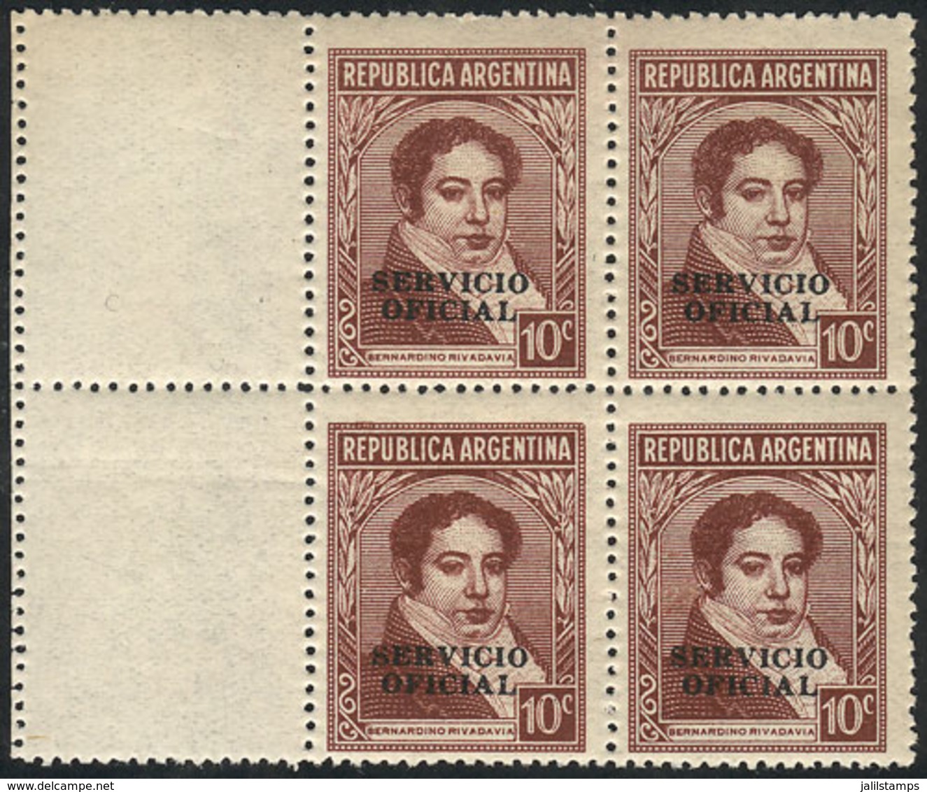 ARGENTINA: GJ.662CZ, Rivadavia 10c. Unwatermarked, Thick Canadian Paper, Block Of 4 With White LEFT LABELS, Not Yet List - Servizio