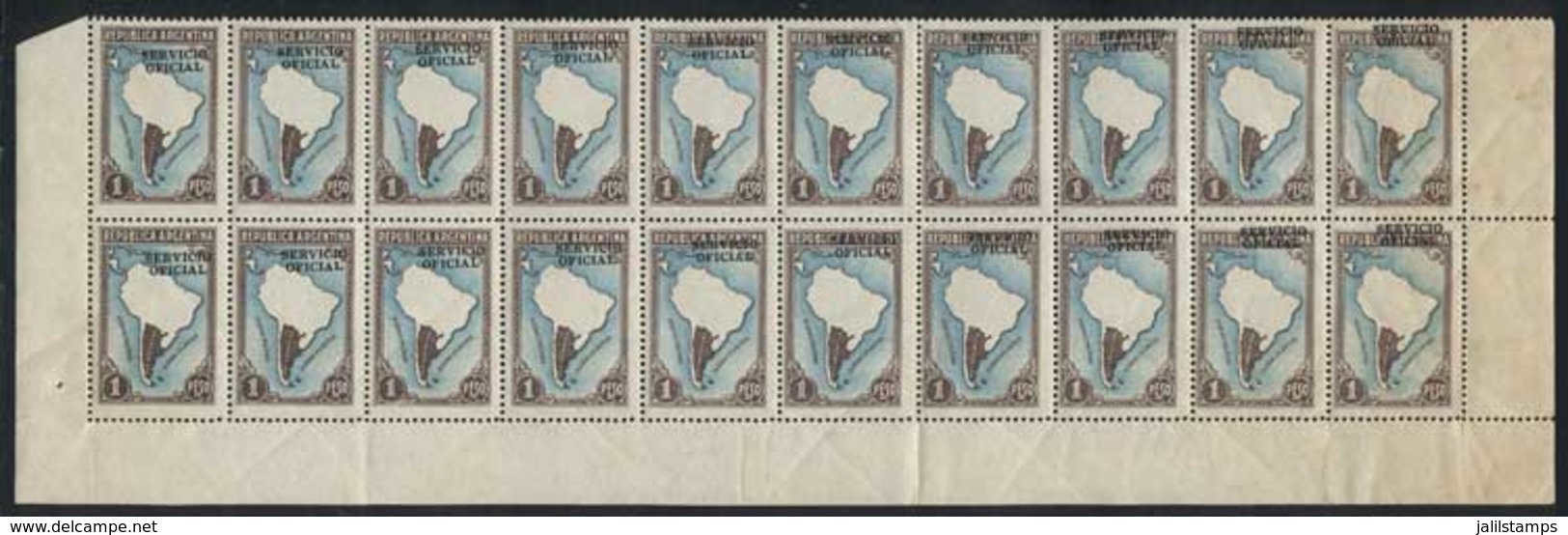 ARGENTINA: GJ.665, Block Of 20 (bottom Part Of The Sheet) With Overprint Printed Diagonally (in The Left Stamps Below RE - Servizio