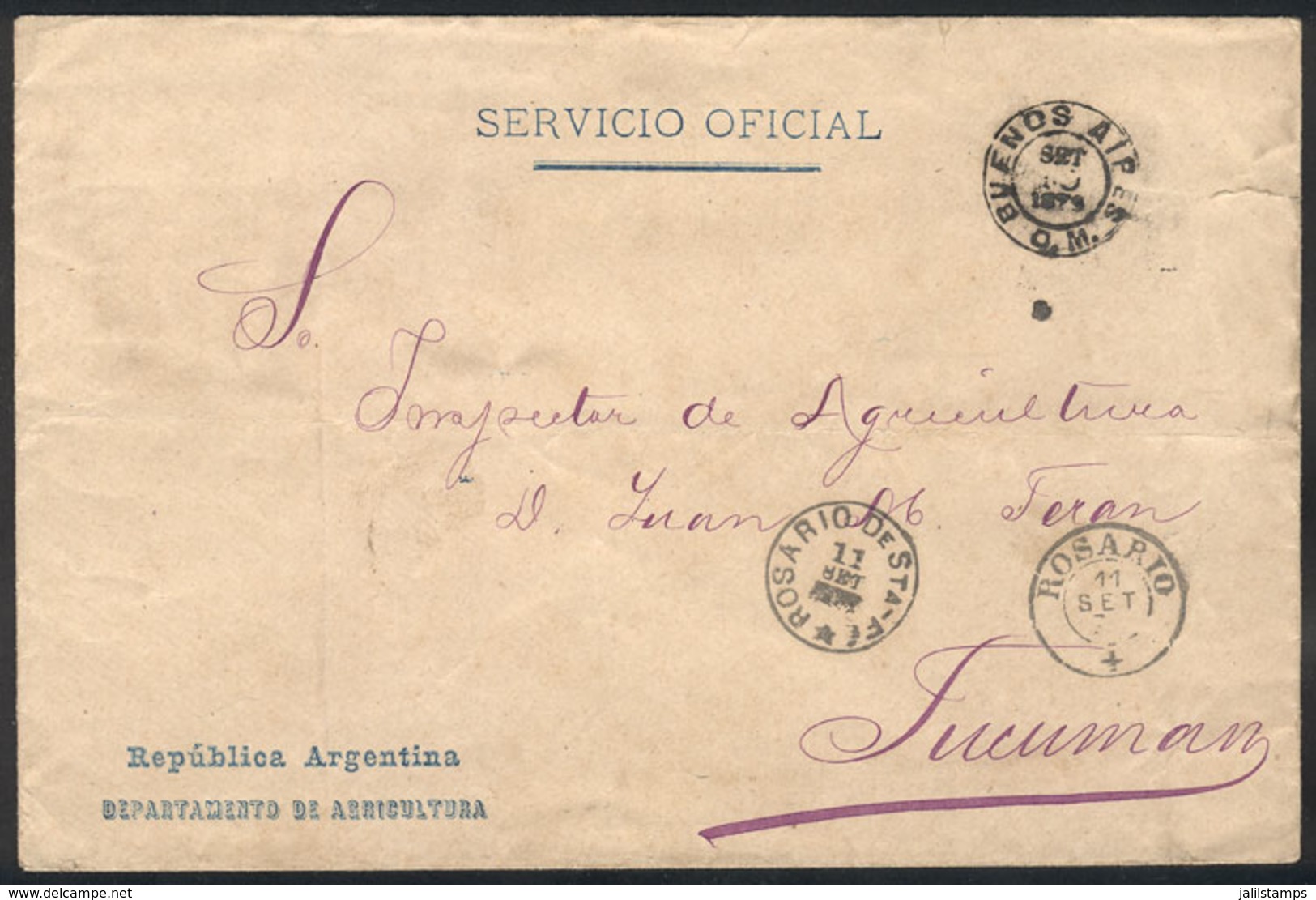 ARGENTINA: Envelope Of The National Department Of Agriculture Sent From Buenos Aires To Tucumán On 9/SE/1879, With Trans - Officials