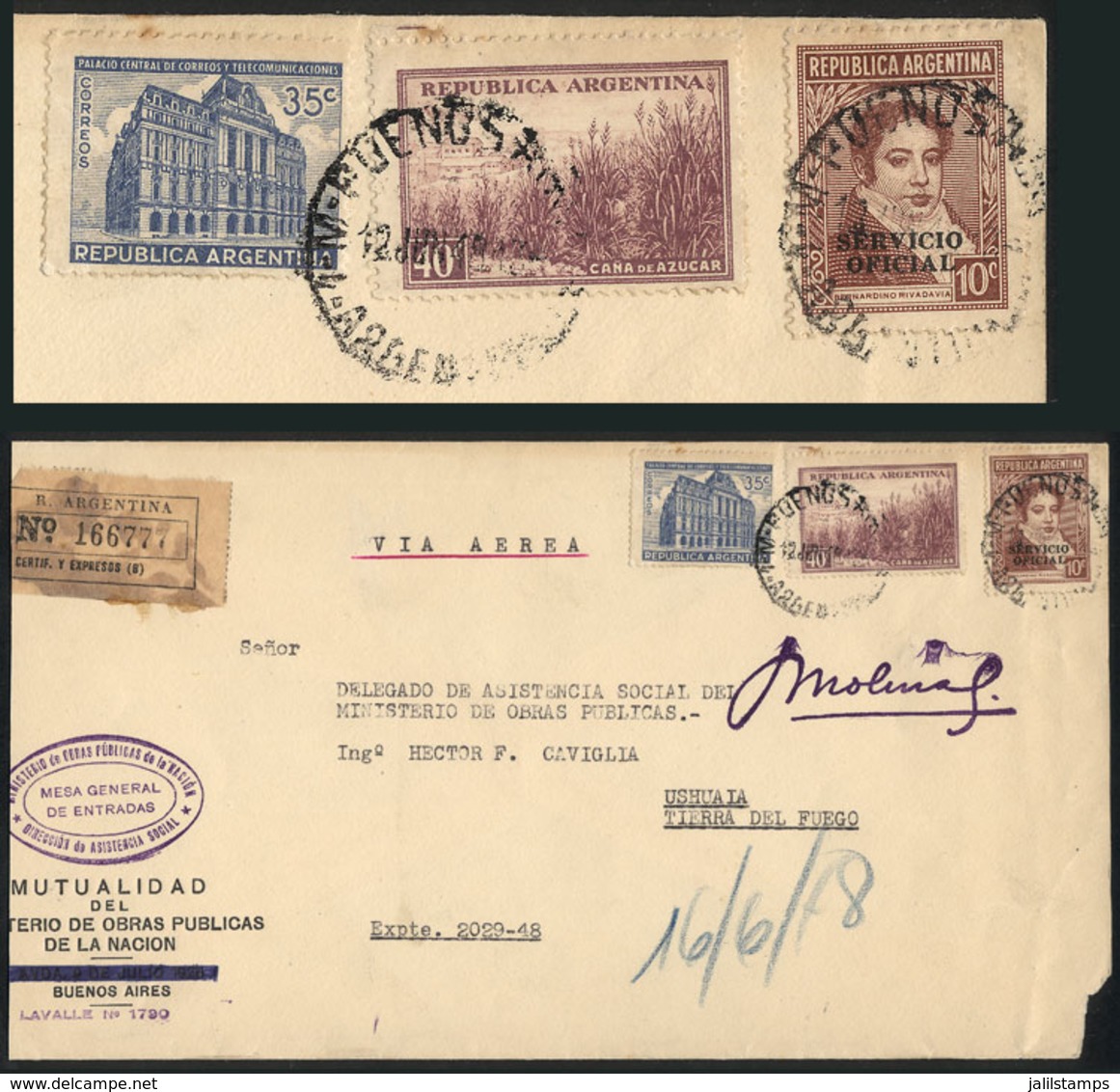 ARGENTINA: Envelope Of The Ministry Of Public Works Sent By Registered Airmail To Ushuaia On 12/JUN/1948, Bearing MIXED  - Dienstmarken