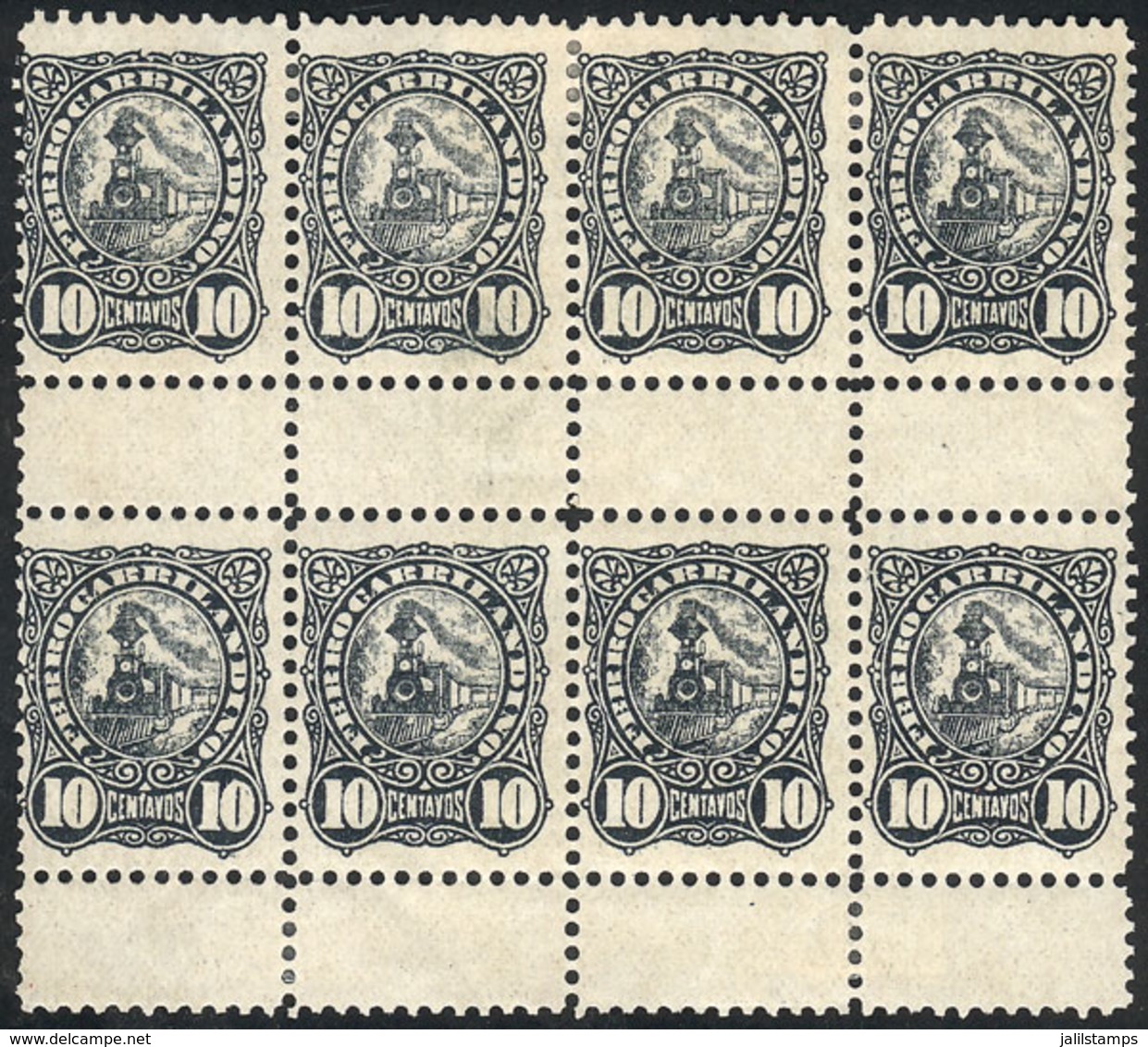 ARGENTINA: GJ.55, Ferrocarril Andino 10c. Black-gray, Fantastic Block Of 8 Stamps, Mint Full Original Gum (the Lower Exa - Telegraphenmarken