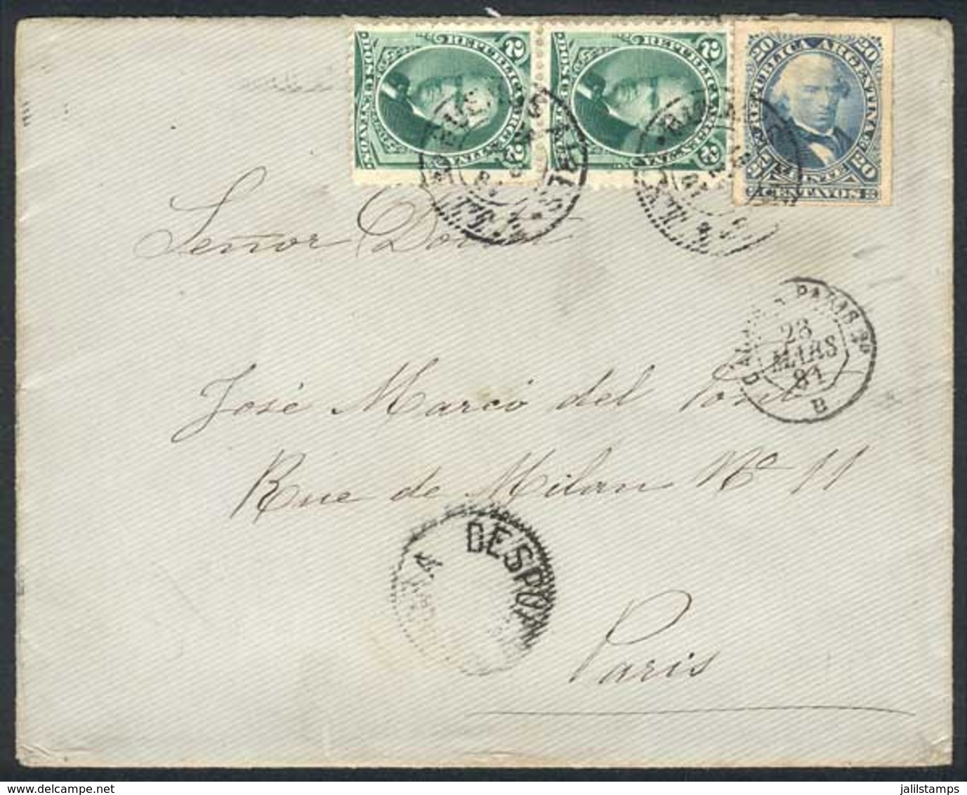 ARGENTINA: Cover Franked By GJ.51 + 53 Vertical Pair (total 34c.), Sent From BUENOS AIRES To Paris On 18/FE/1881, Arriva - Prefilatelia