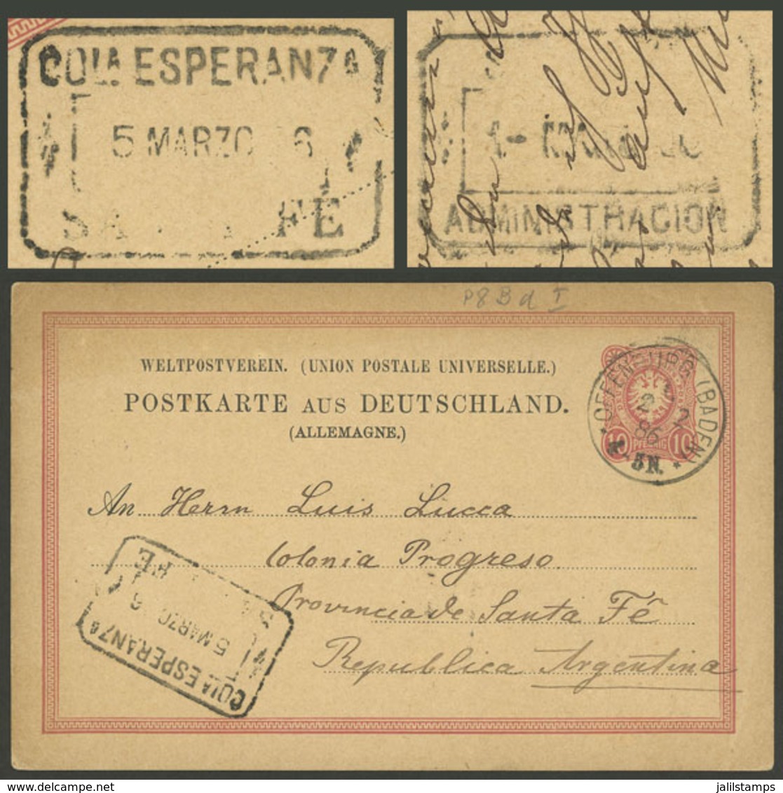 ARGENTINA: Postal Card Sent From Germany To COLONIA PROGRESO (Santa Fe) On 2/FE/1886, With Rectangular Datestamp Of COLO - Vorphilatelie