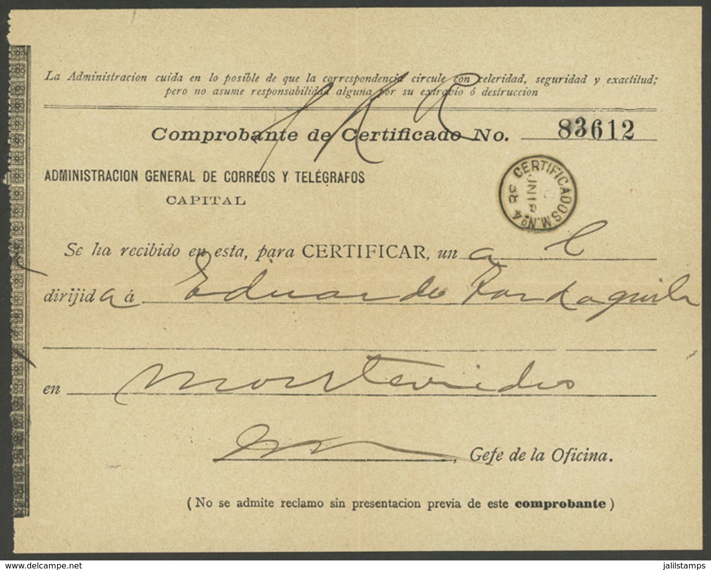 ARGENTINA: Receipt For A Registered Piece From Buenos Aires To Montevideo, Dated 18/JUN/1888, VF Quality! - Vorphilatelie