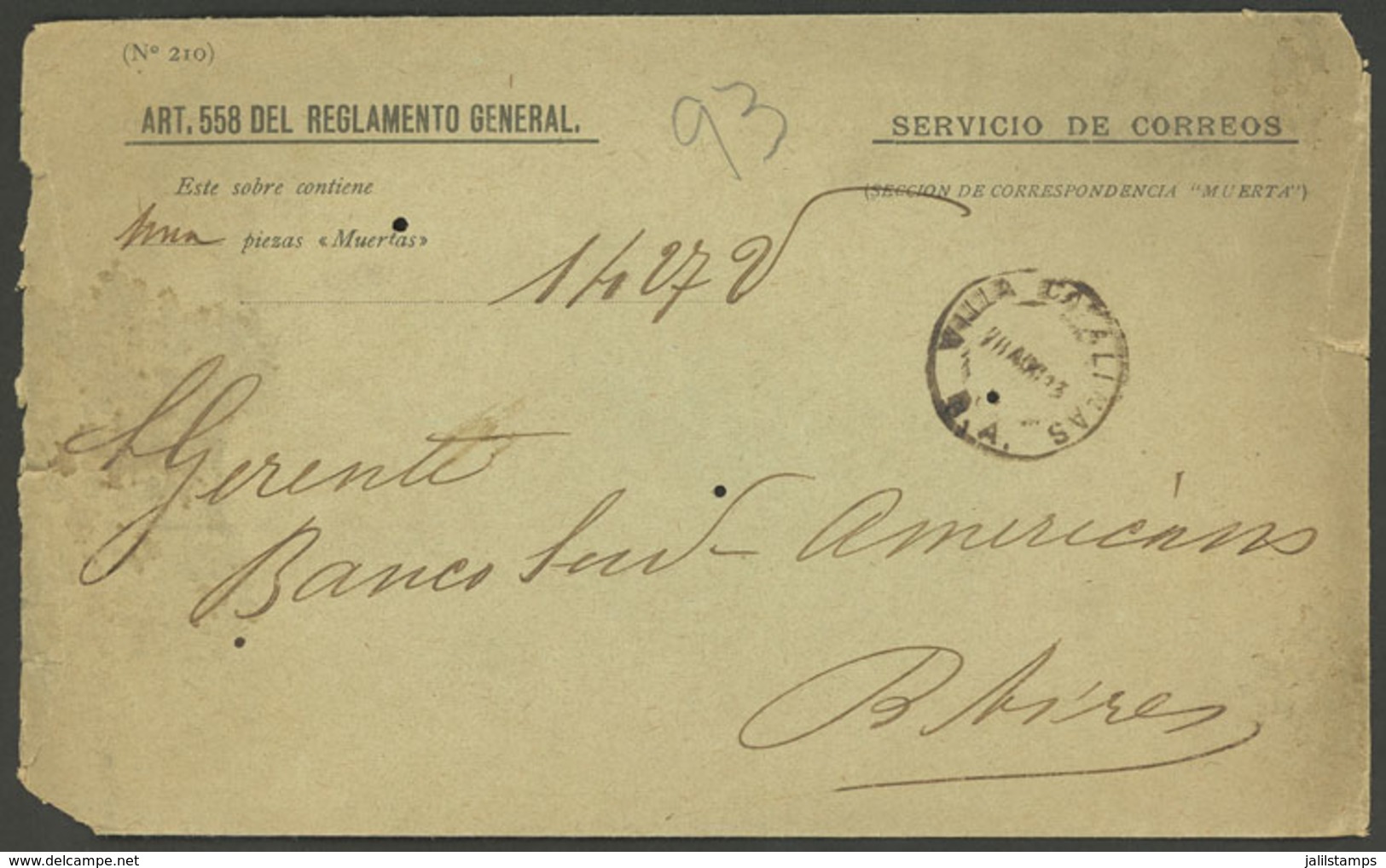 ARGENTINA: RARE CANCEL OF "VILLA CATALINAS (B.A.) On A Folded Cover Sent To Buenos Aires On 23/AU/1893 From The Oficina  - Préphilatélie