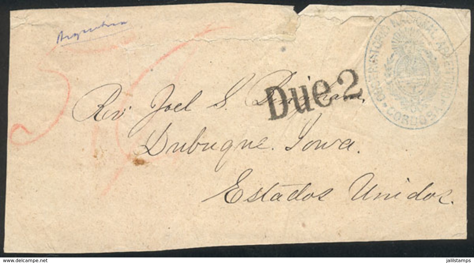 ARGENTINA: Wrapper Front Sent Without Postage (possibly With Free Frank) To USA, With Blue Oval Mark "OBSERVATORIO NACIO - Prefilatelia