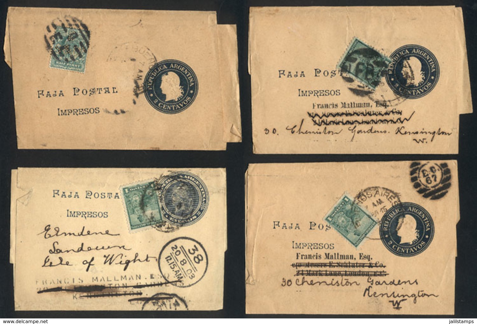 ARGENTINA: 4 Wrappers Uprated With 1c. Seated Liberty, Sent To London In 1902/3 And Forwarded To Other Cities With Inter - Prefilatelia