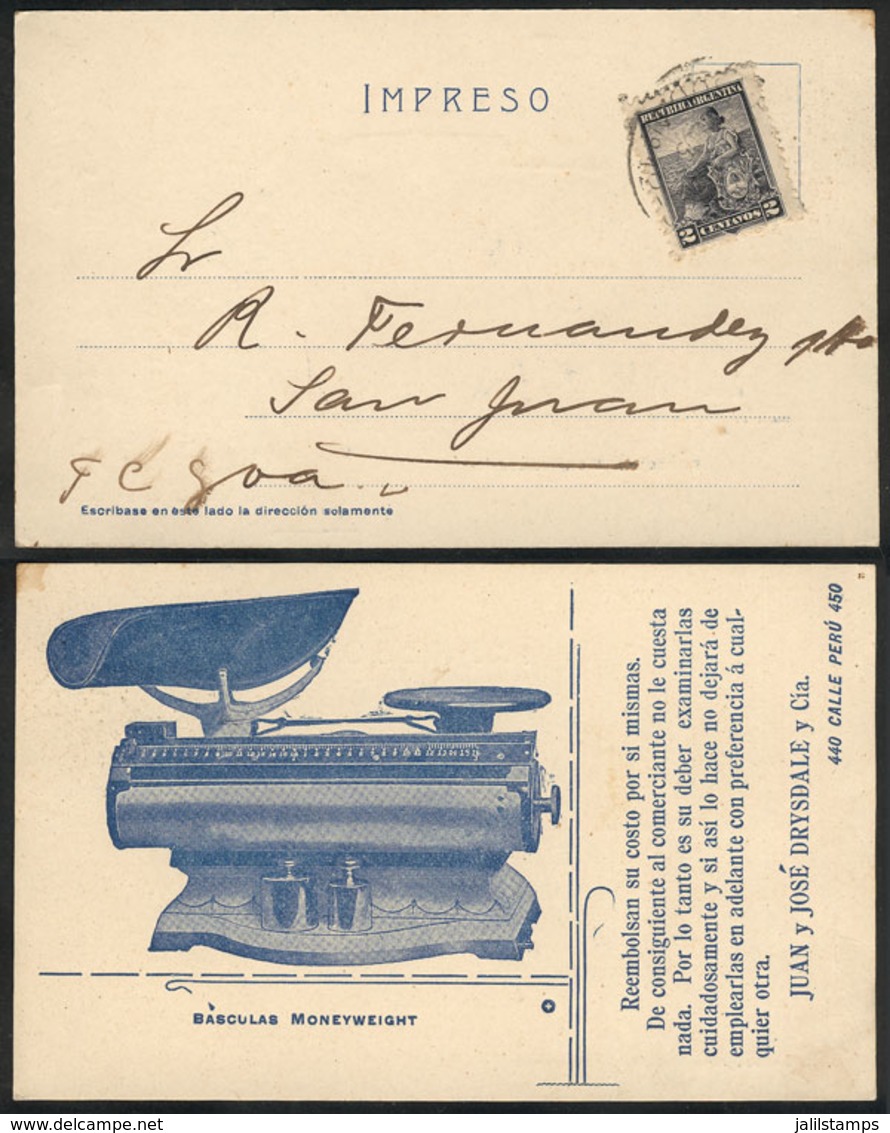ARGENTINA: Advertising Postcard Of "Moneyweight" Scales, Franked With 2c. Liberty (GJ.219), Sent To San Juan In 1905, Ex - Vorphilatelie