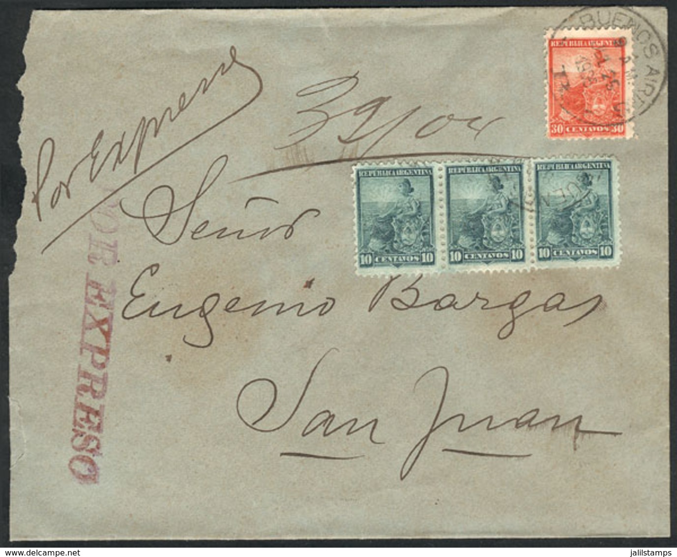 ARGENTINA: Express Cover Sent From Buenos Aires To San Juan On 25/JUL/1905, Franked With 60c. (GJ.224 Strip Of 3 + 233), - Vorphilatelie