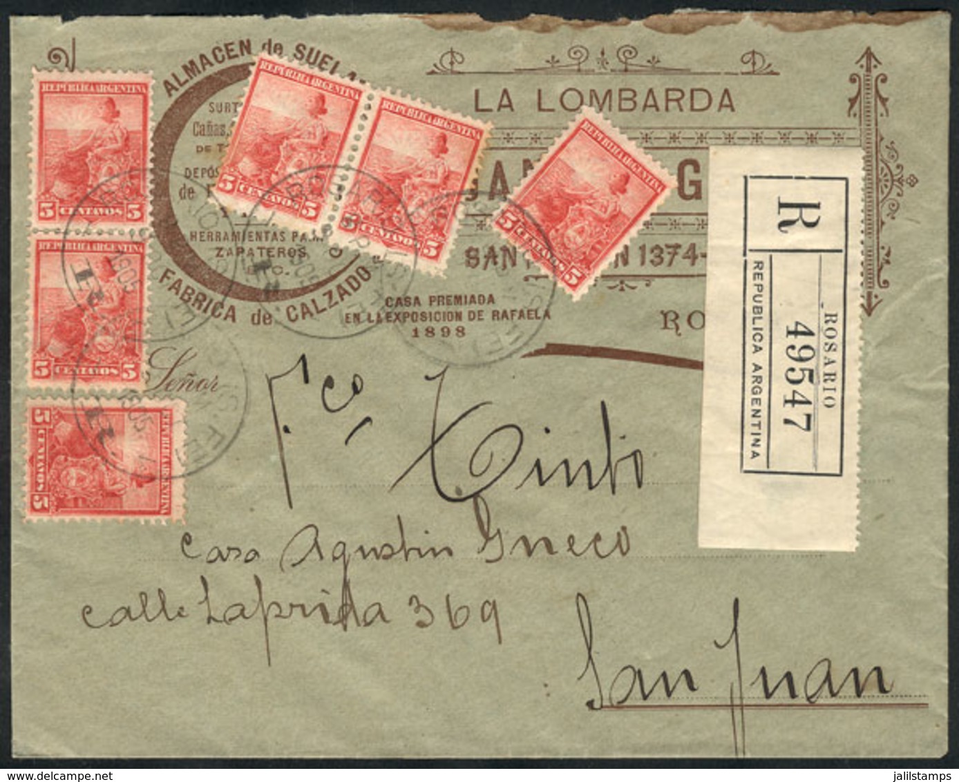 ARGENTINA: Registered Cover Sent From Rosario To San Juan On 9/OC/1905, Franked With 30c. (GJ.222 X6), VF Quality! - Prefilatelia