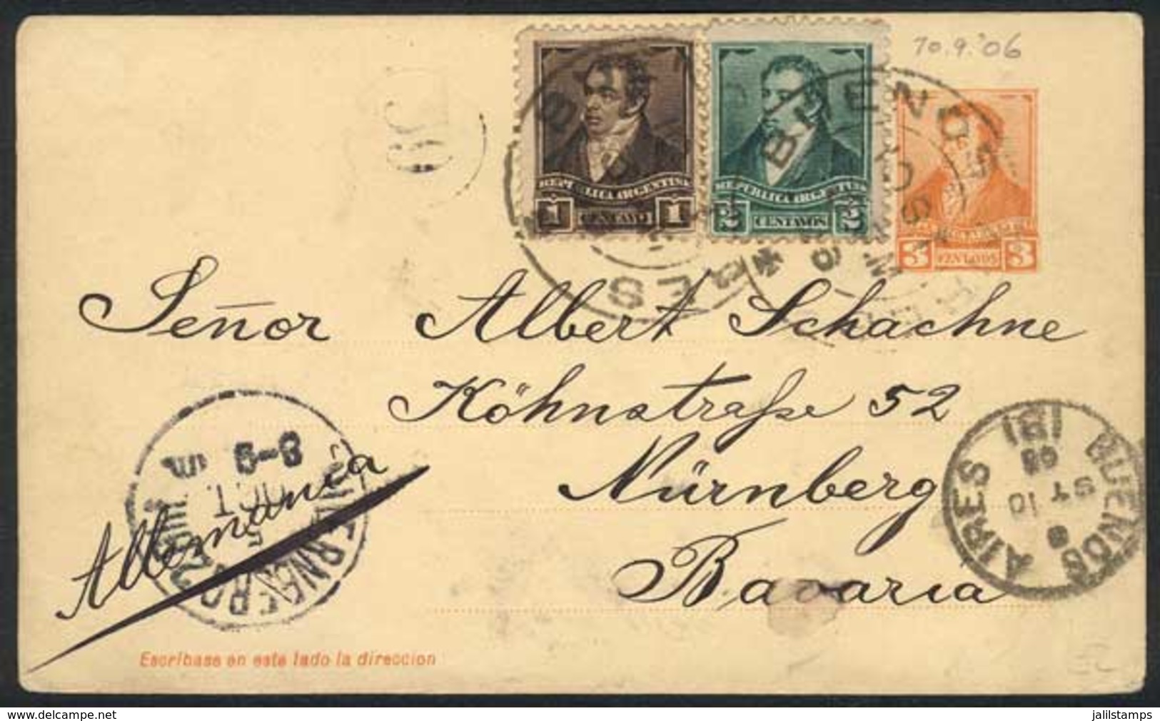 ARGENTINA: 3c. Postal Card + GJ.175+176, Sent From Buenos Aires To Germany On 10/SE/1906, Very Nice And Interesting! - Vorphilatelie