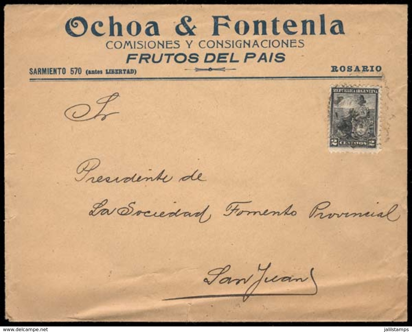 ARGENTINA: Advertising Cover ("Fruits Of The Country") Franked With 2c. Liberty, Sent From Rosario To San Juan In DEC/19 - Vorphilatelie