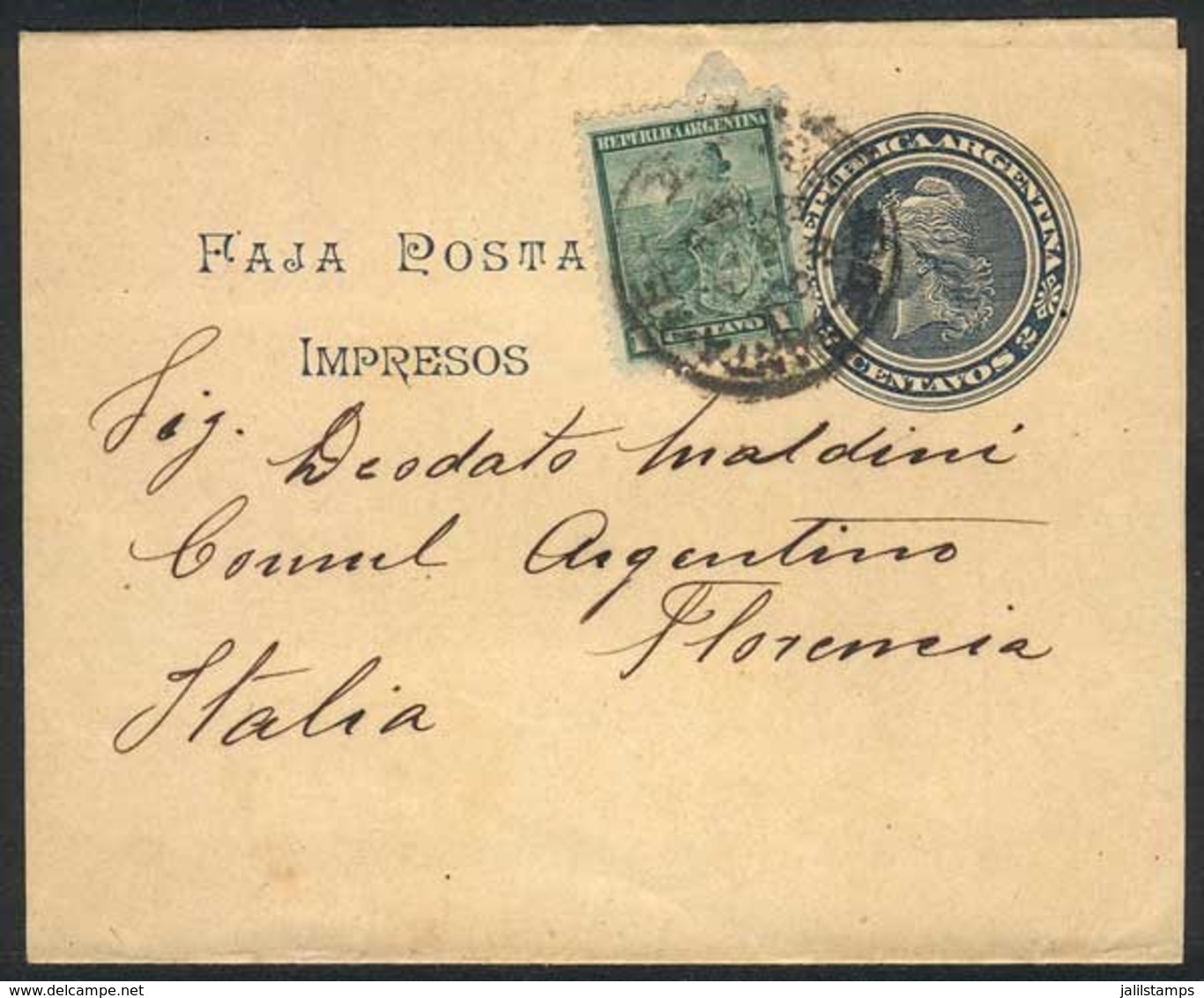 ARGENTINA: 2c. Wrapper + GJ.218 (total 3c.) Sent In September 1907 From B.Aires To Italy, VF Quality! - Vorphilatelie