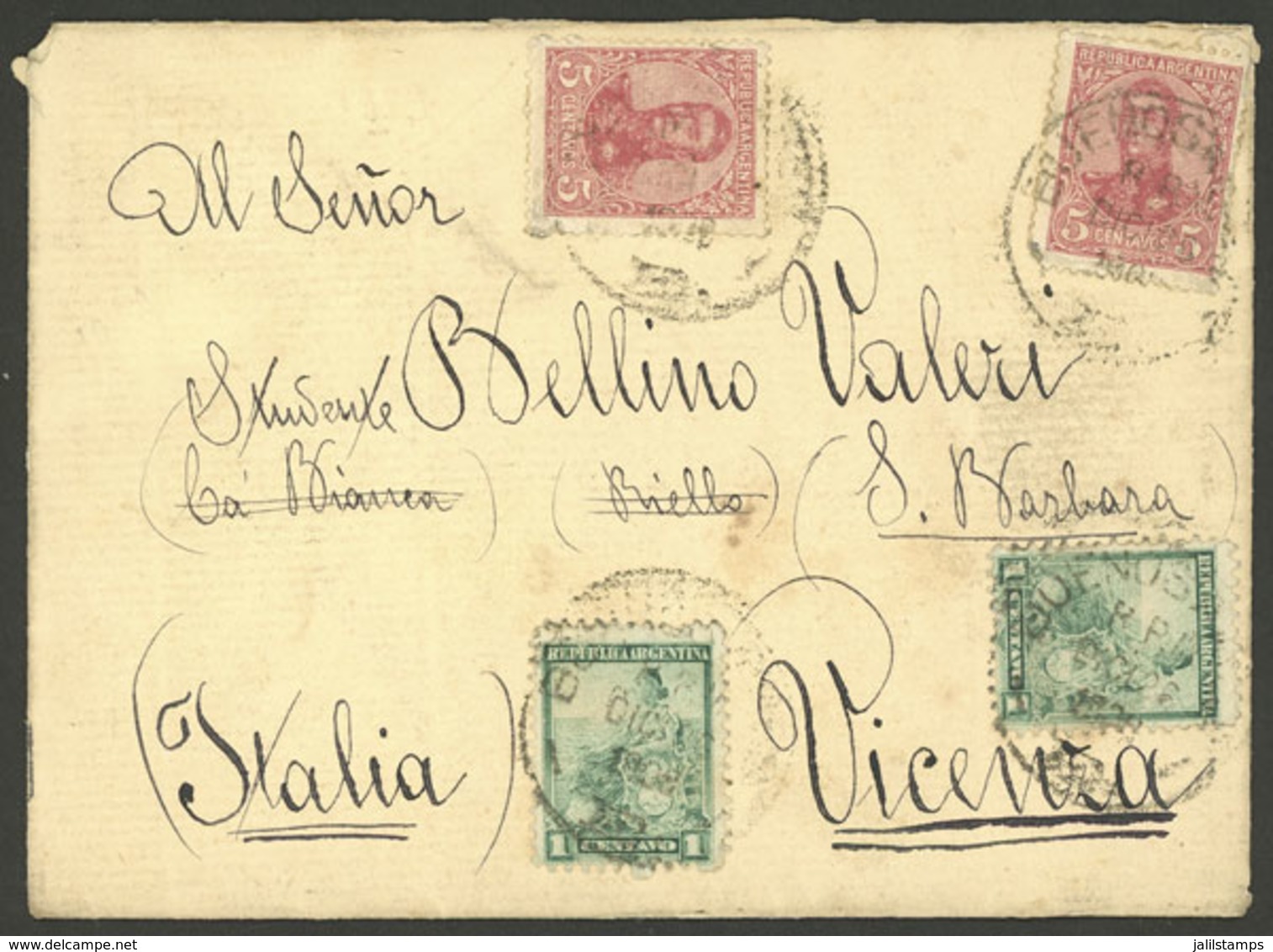 ARGENTINA: COMBINATION OF ISSUES: Cover Sent To Italy On 26/DE/1908 Franked With 12c. Combining 2x 1c. Seated Liberty Wi - Vorphilatelie