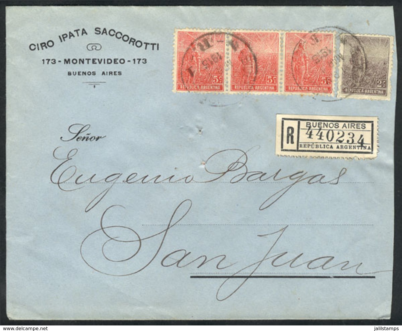 ARGENTINA: Registered Cover Sent From Buenos Aires To San Juan On 4/MAR/1915, Franked With 17c.: Plowman 2c. + 5c. X3, E - Vorphilatelie