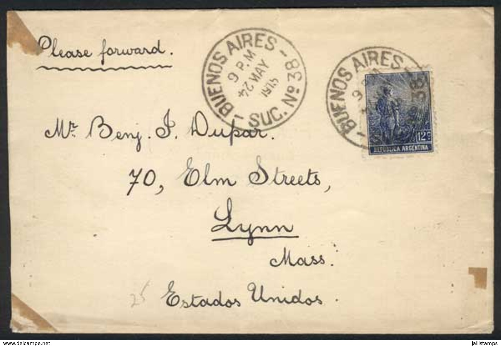 ARGENTINA: Cover Franked By GJ.344, Buenos Aires Datestamp Of 24/MAY/1915 With ERROR (inverted Date), Sent To The USA, V - Vorphilatelie